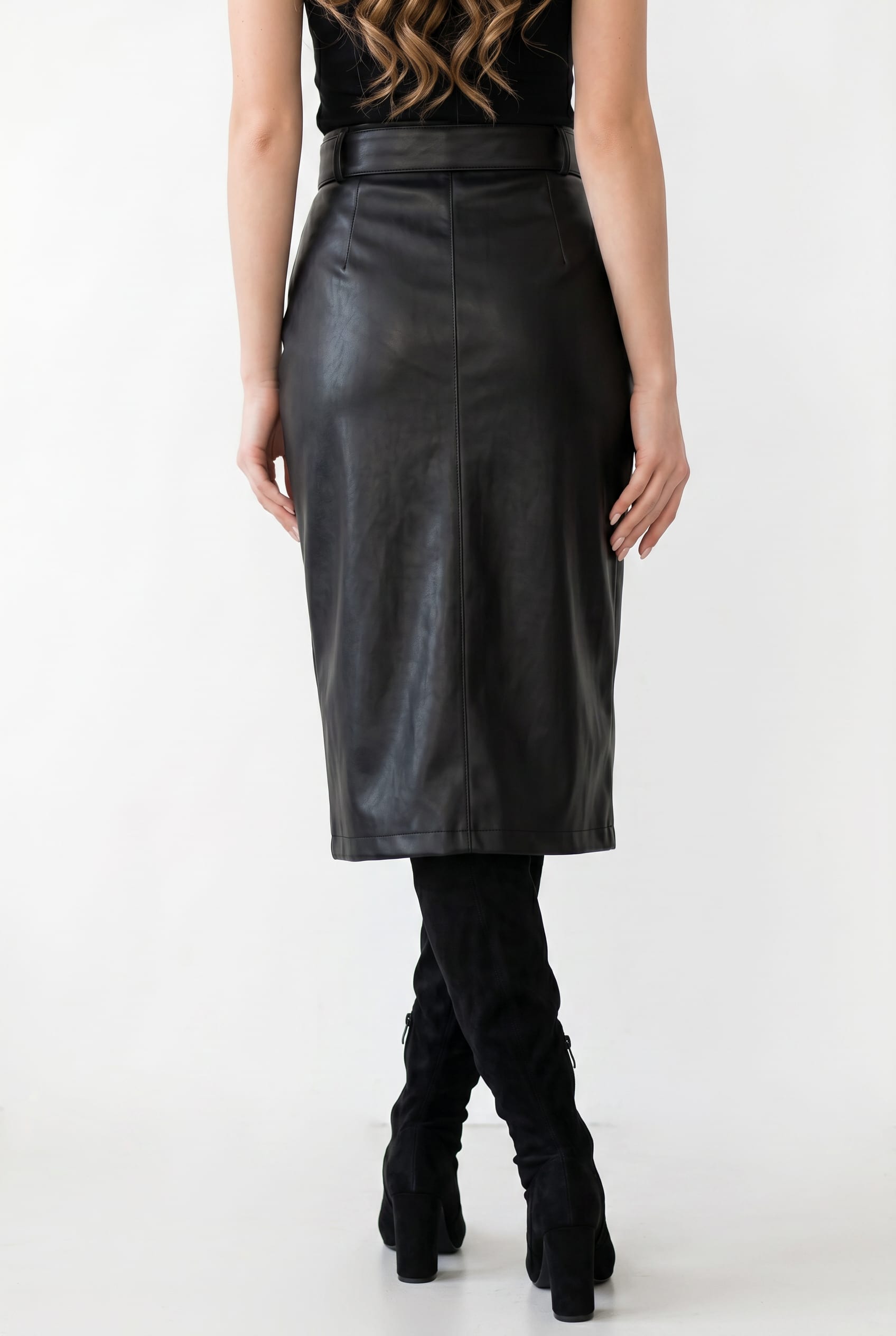 Black Leather Zip-Front Midi Skirt