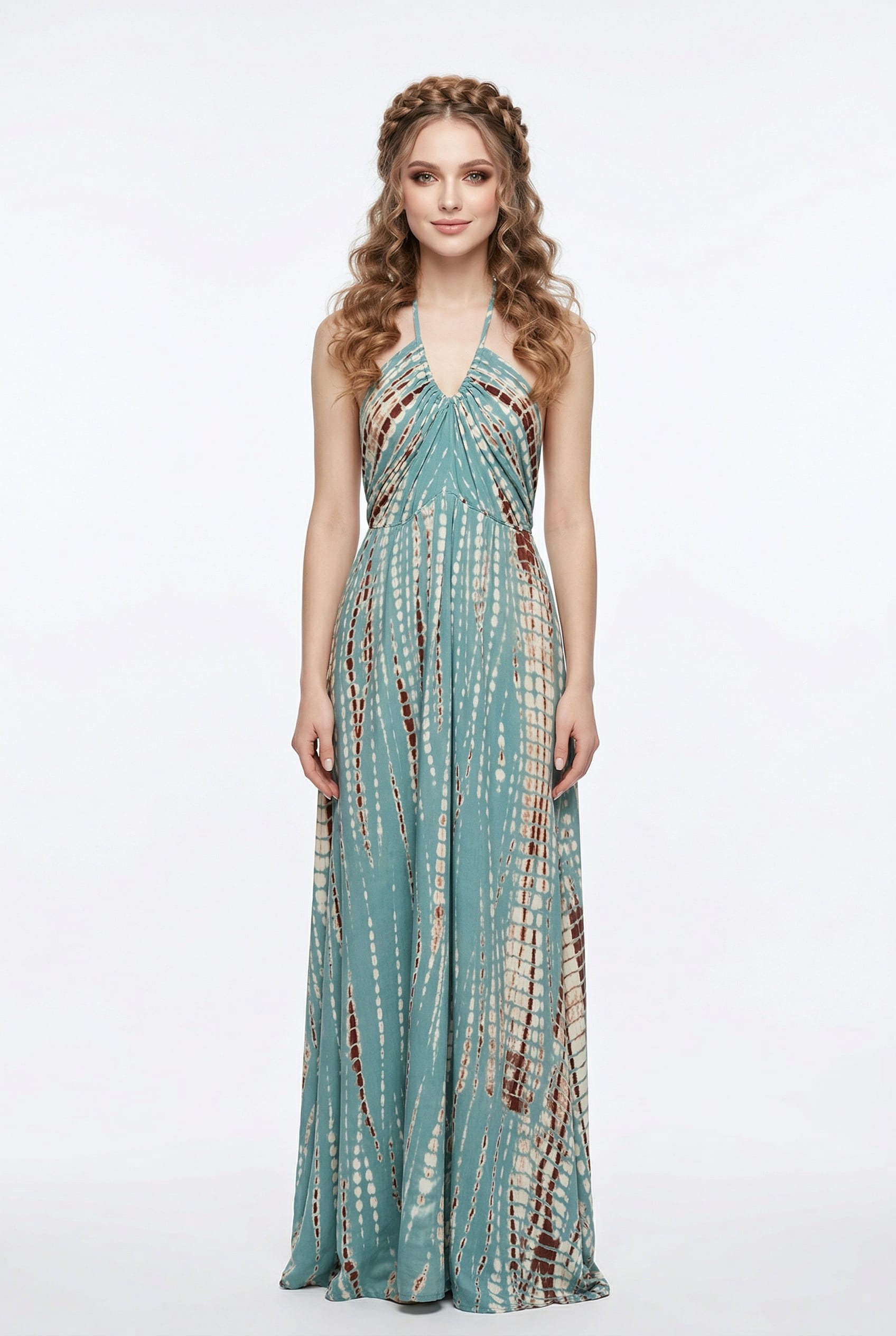 Teal Printed Halter Maxi Dress