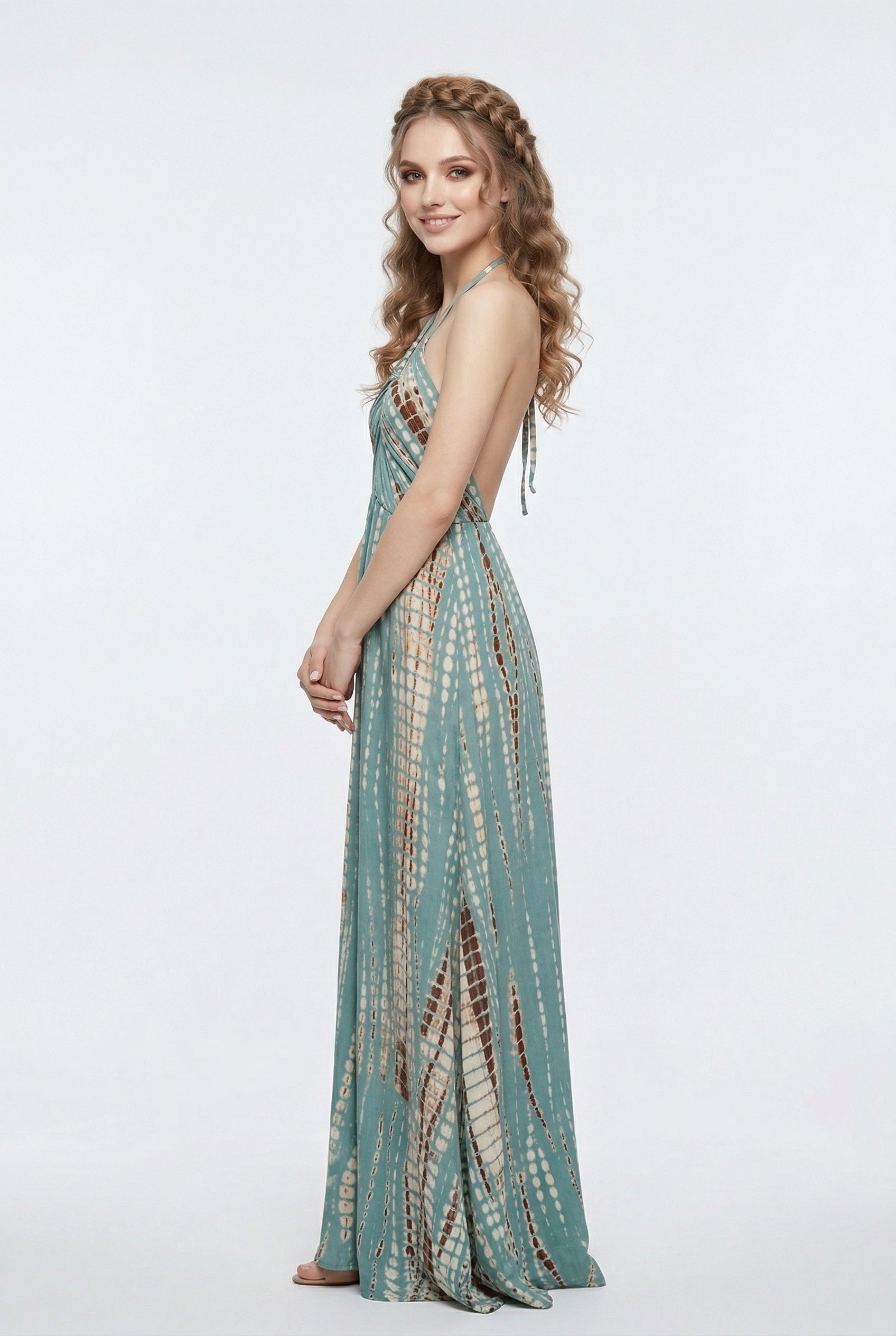Teal Printed Halter Maxi Dress