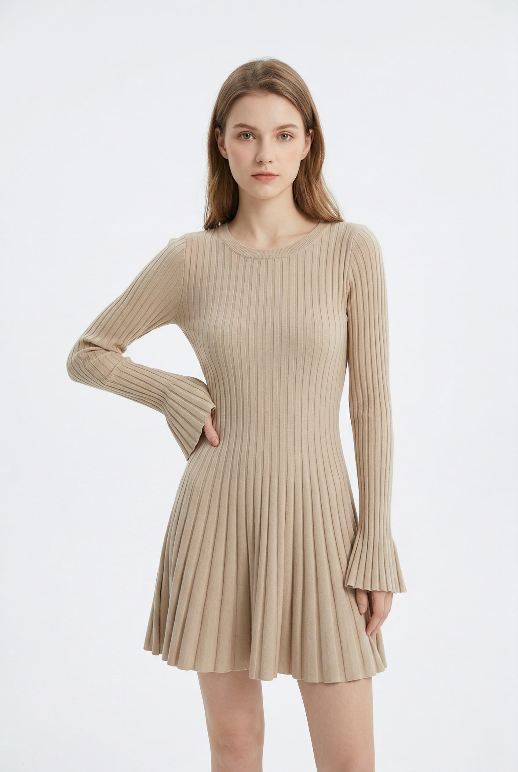 Beige Ribbed Knit Flared Mini Dress