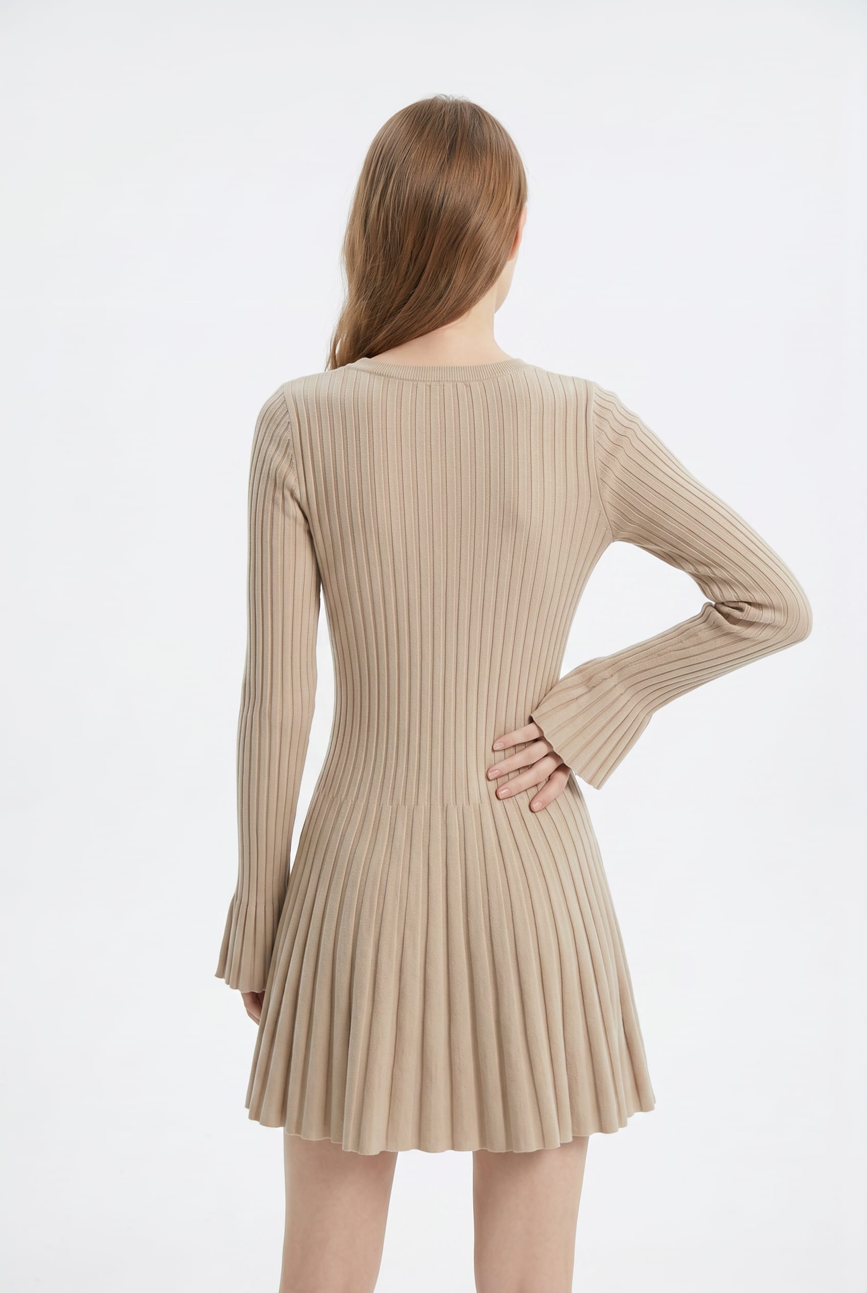 Beige Ribbed Knit Flared Mini Dress