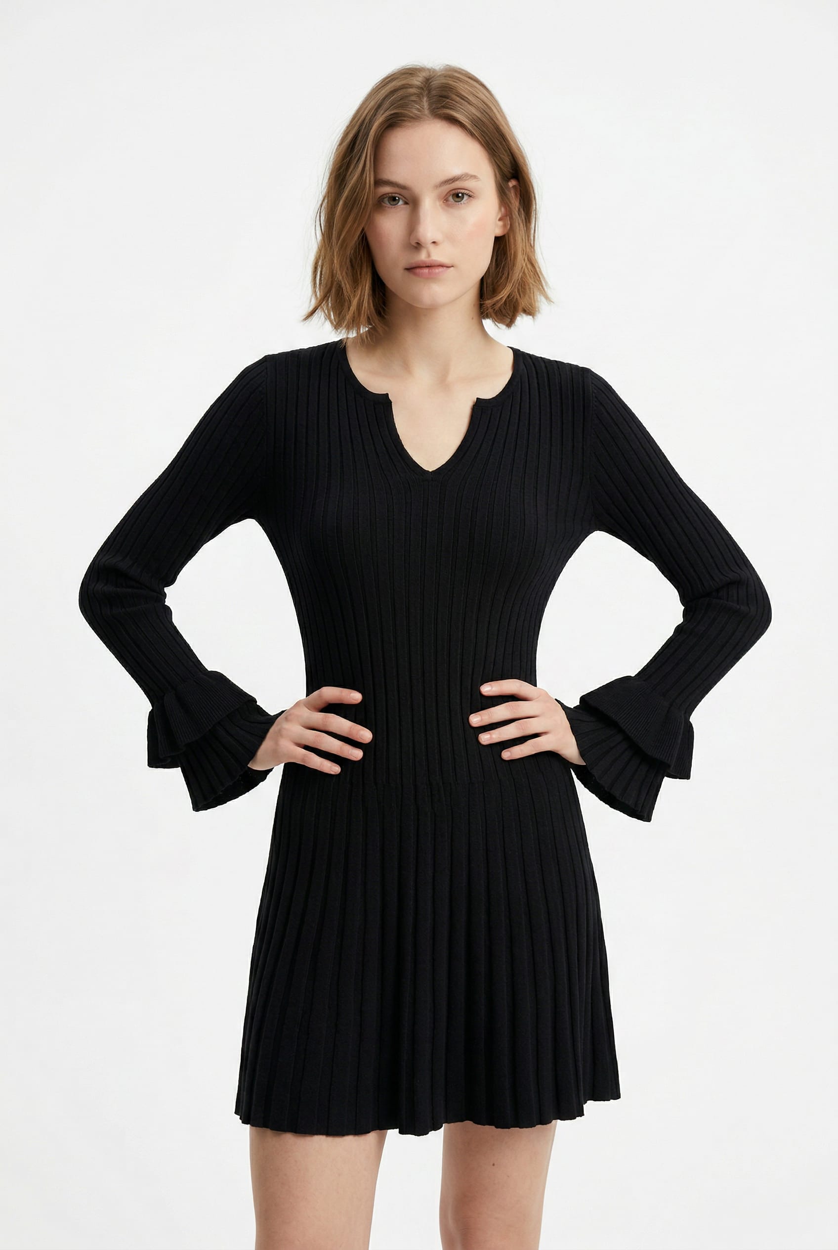 Black Ribbed Knit Flute Sleeve Dress