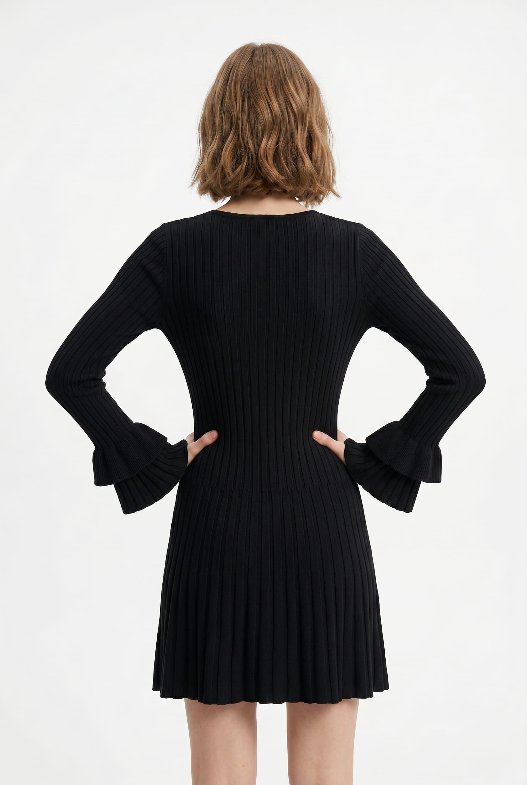 Black Ribbed Knit Flute Sleeve Dress