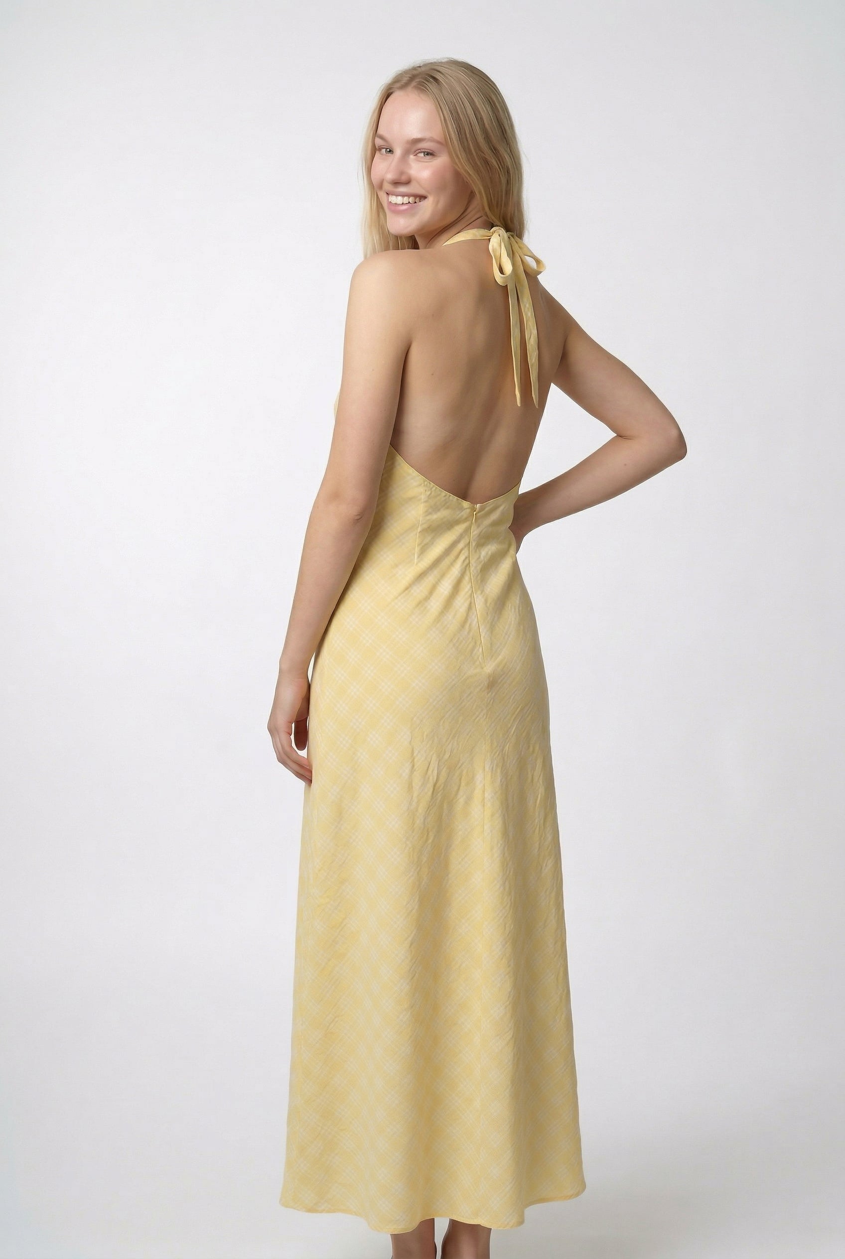 Yellow Gingham Halter Maxi Dress
