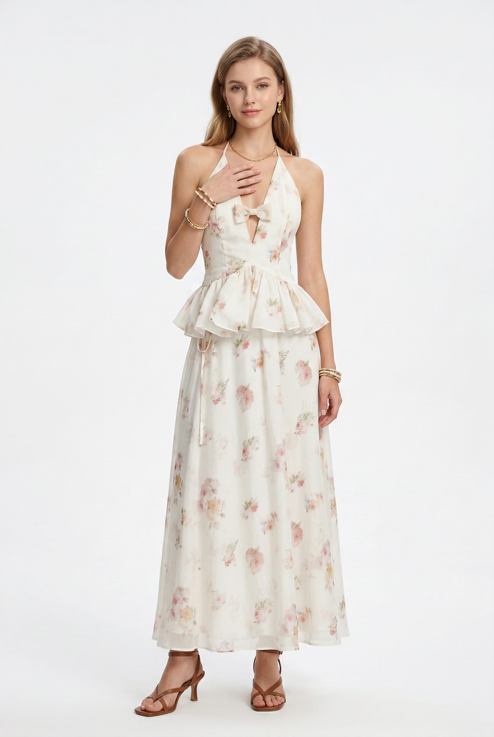 Ivory Floral Halter Peplum Co-Ord Set