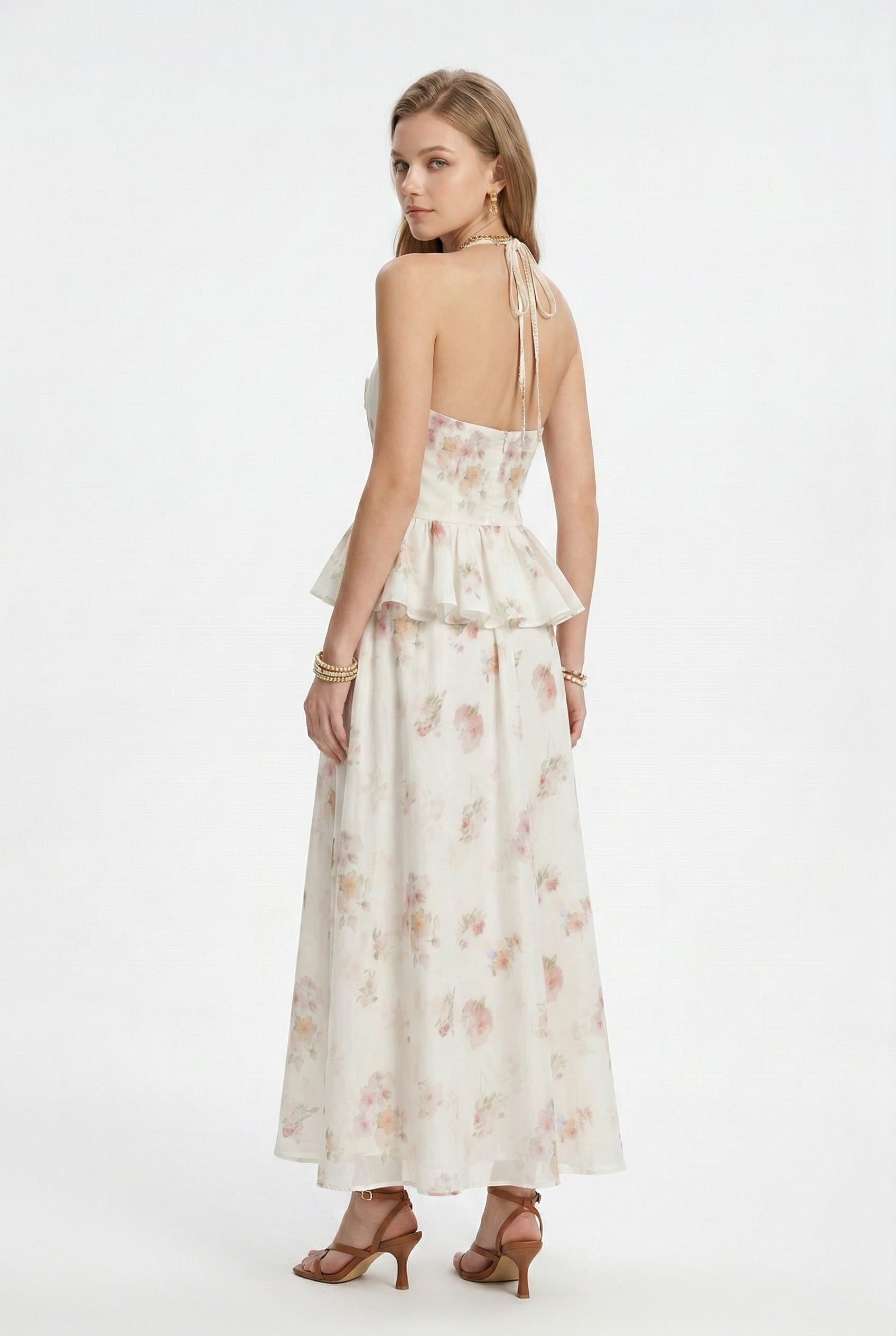 Ivory Floral Halter Peplum Co-Ord Set