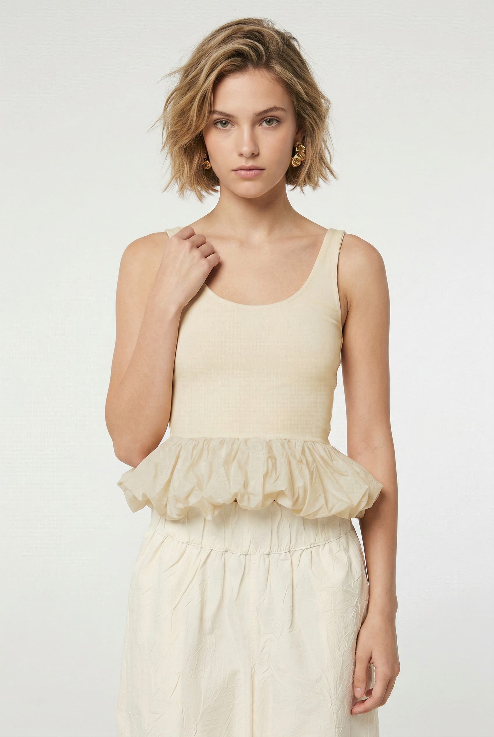 Cream Gathered Peplum Tank Top