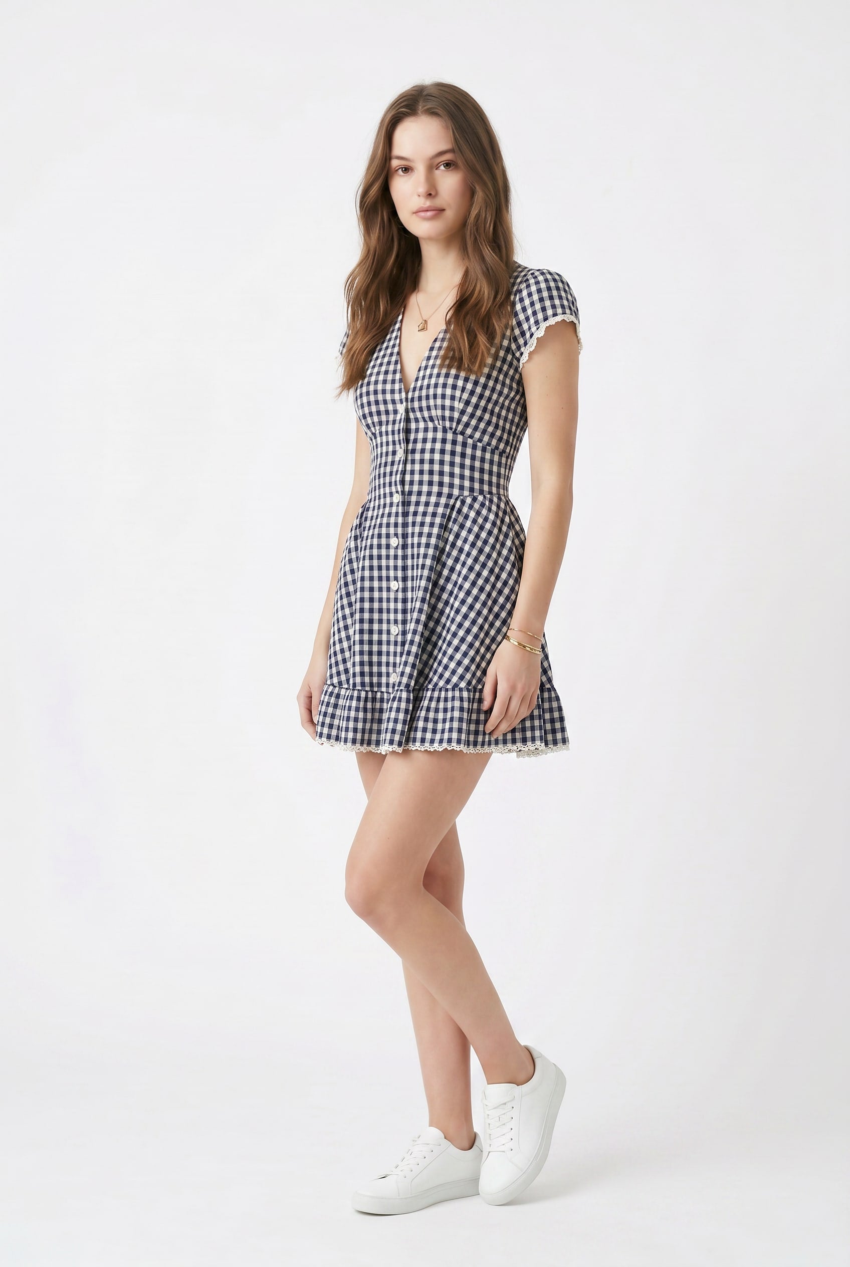 Navy Gingham Button-Front Mini Dress