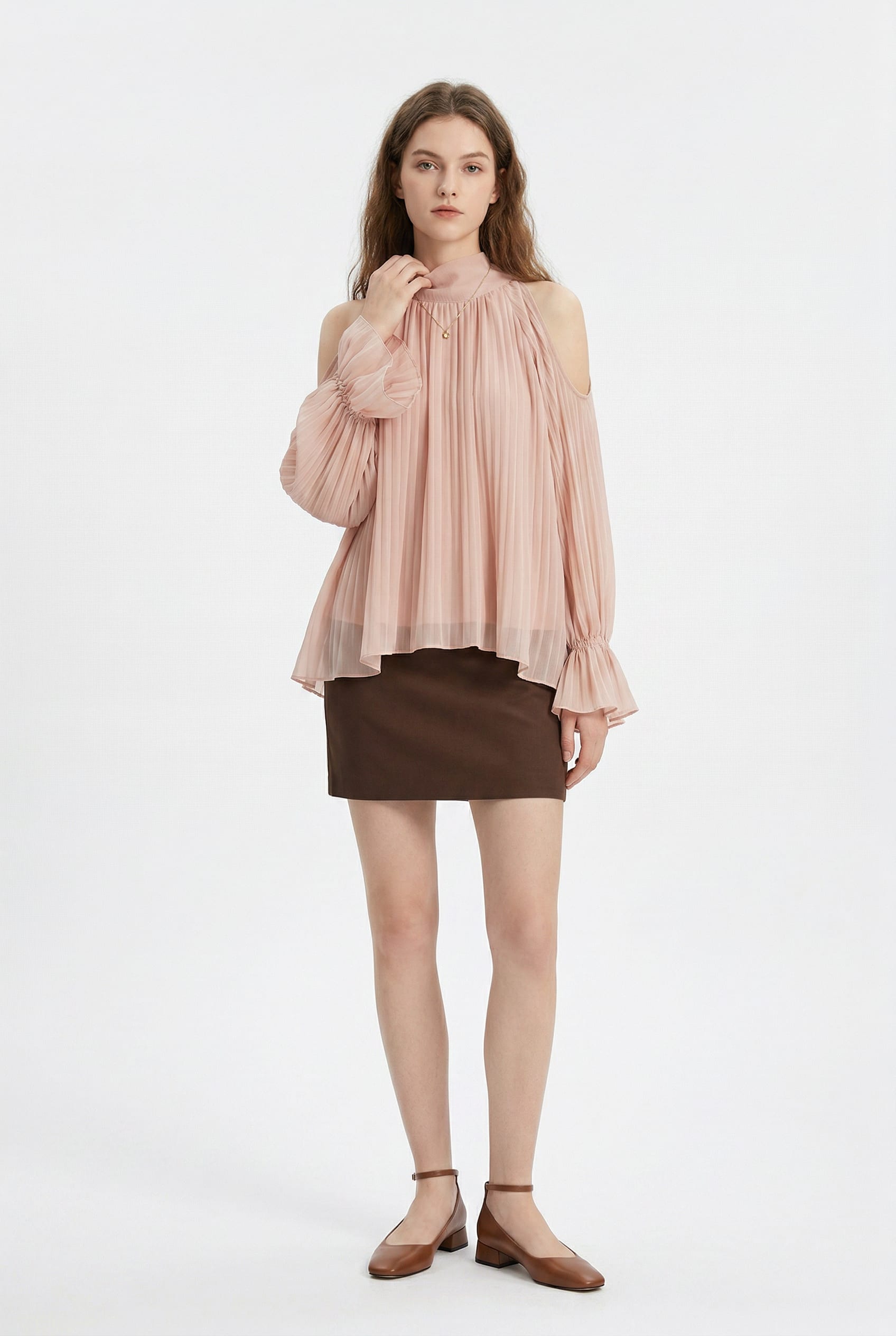Blush Pink Pleated Cold Shoulder Blouse