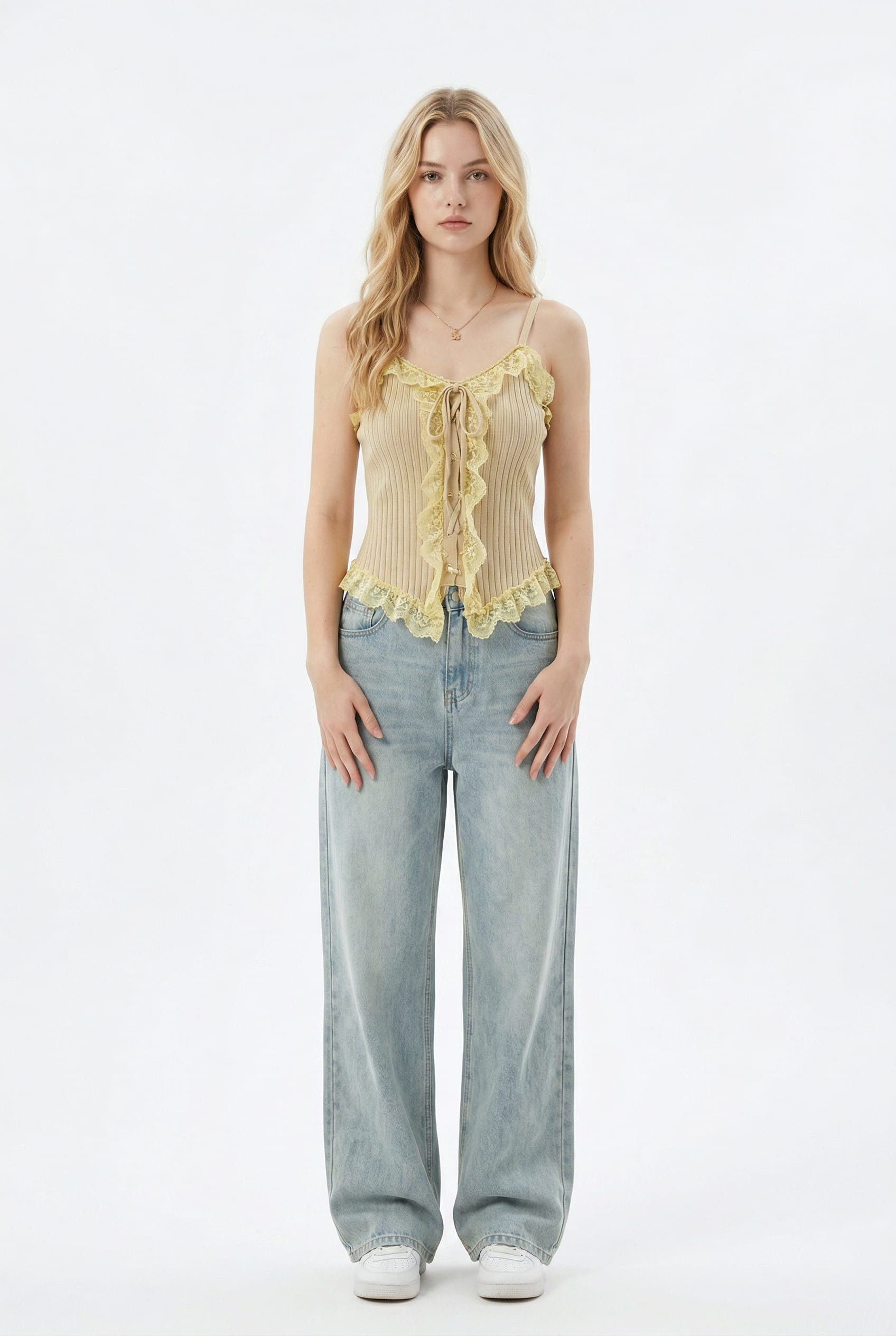 Butter Yellow Ruffle Trim Tie Top