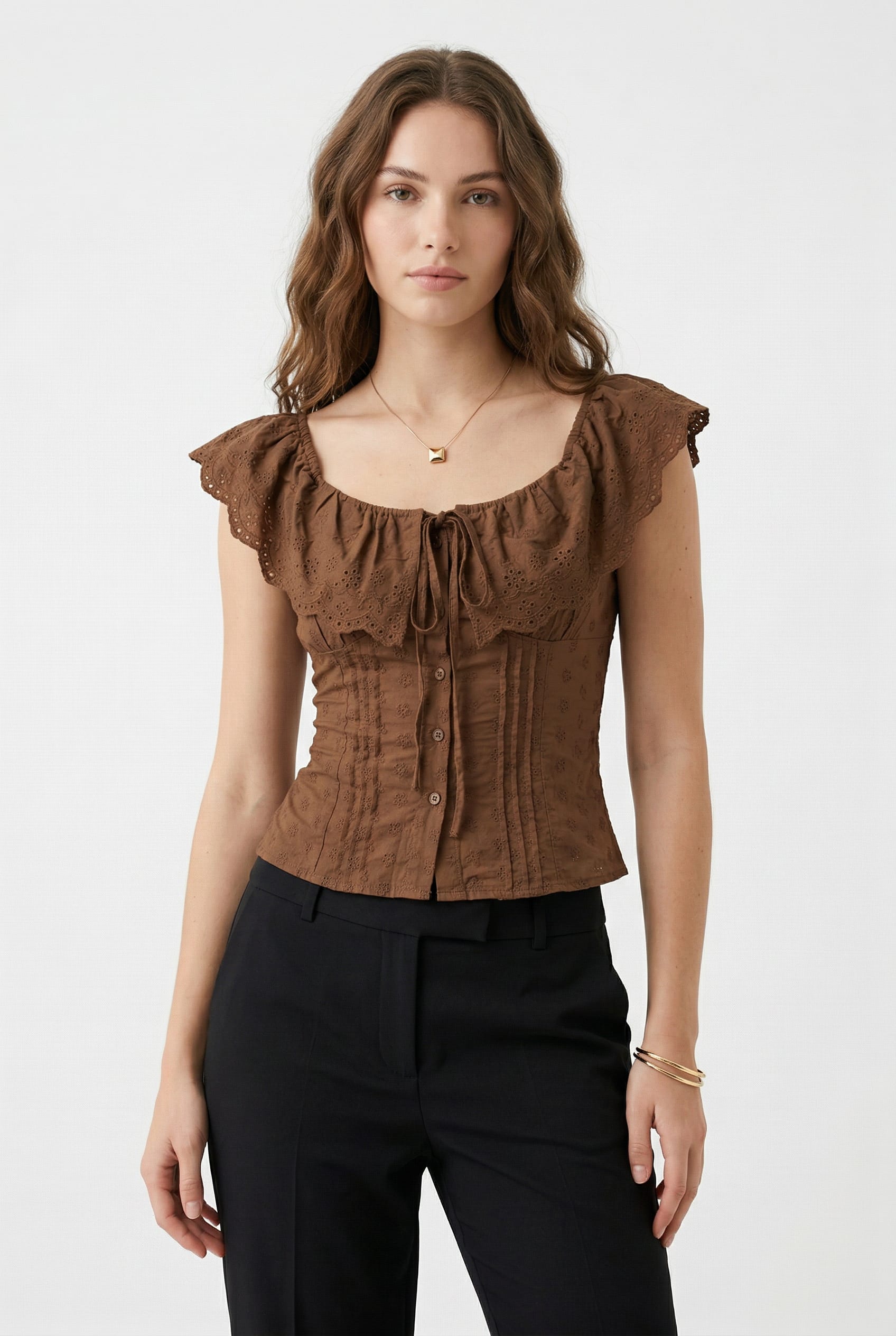Brown Eyelet Corset Ruffle Top