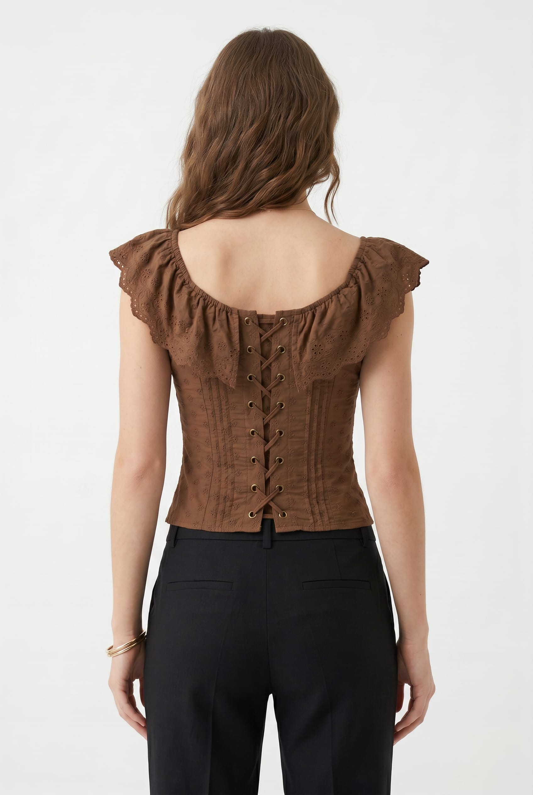 Brown Eyelet Corset Ruffle Top