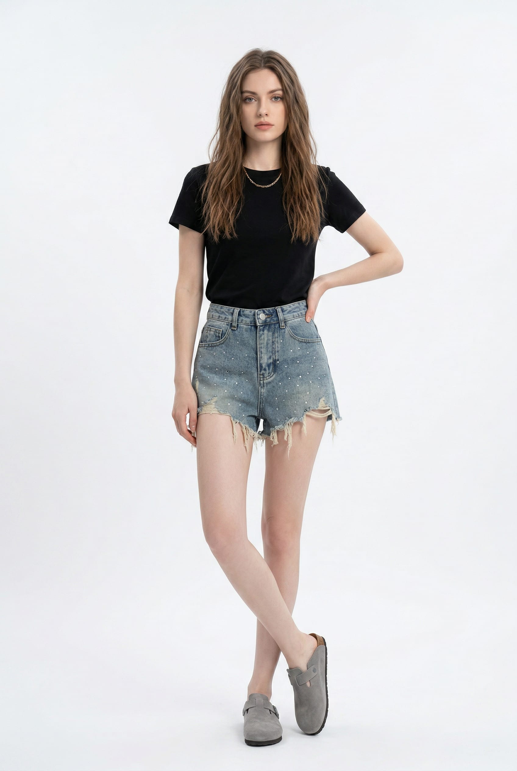 Light Blue Studded Distressed Denim Shorts