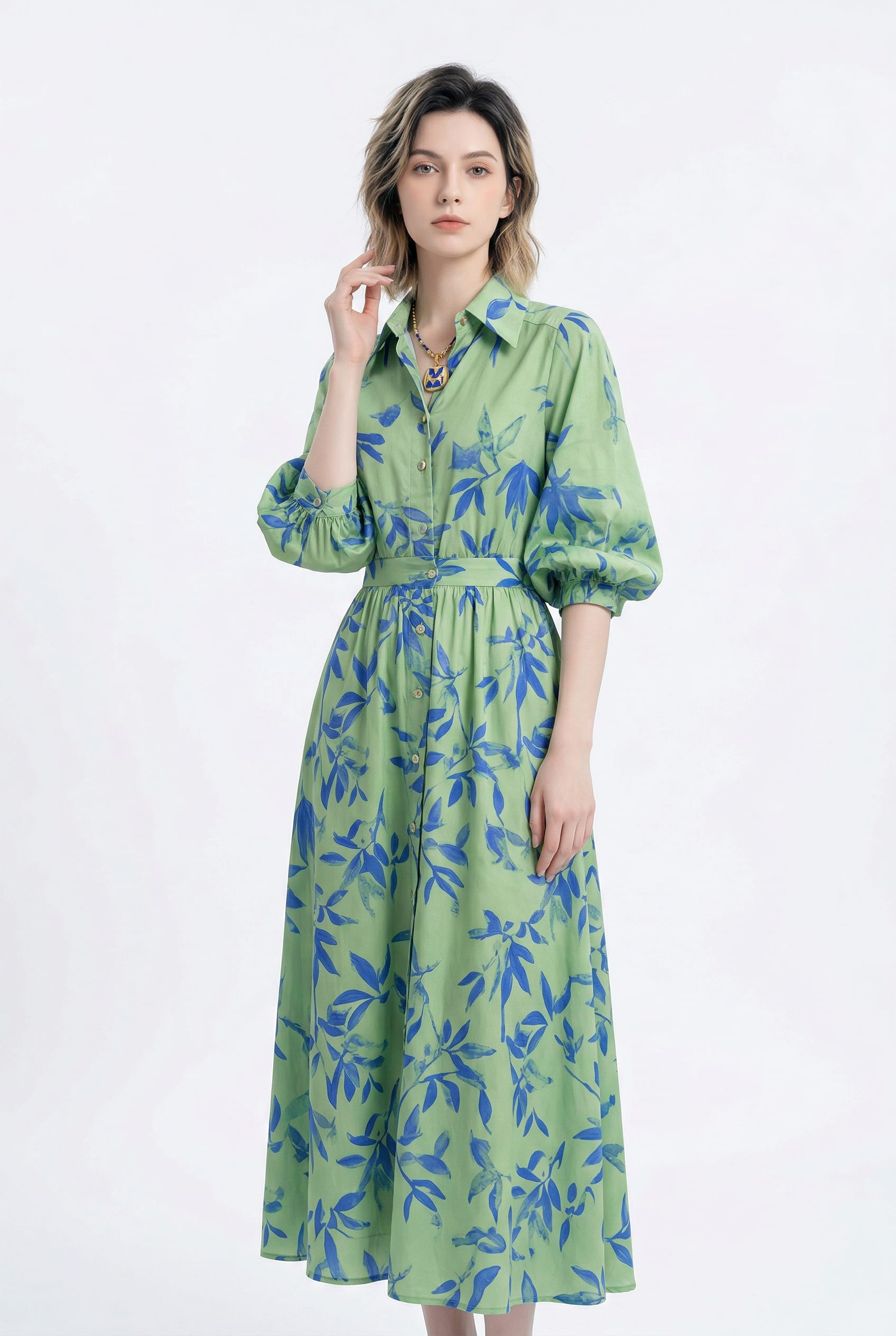 Sage Green Floral Midi Shirt Dress