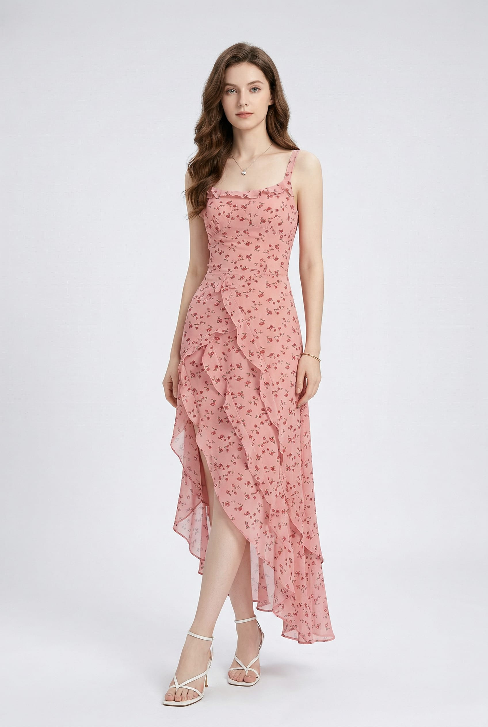 Pink Floral Ruffle Maxi Dress