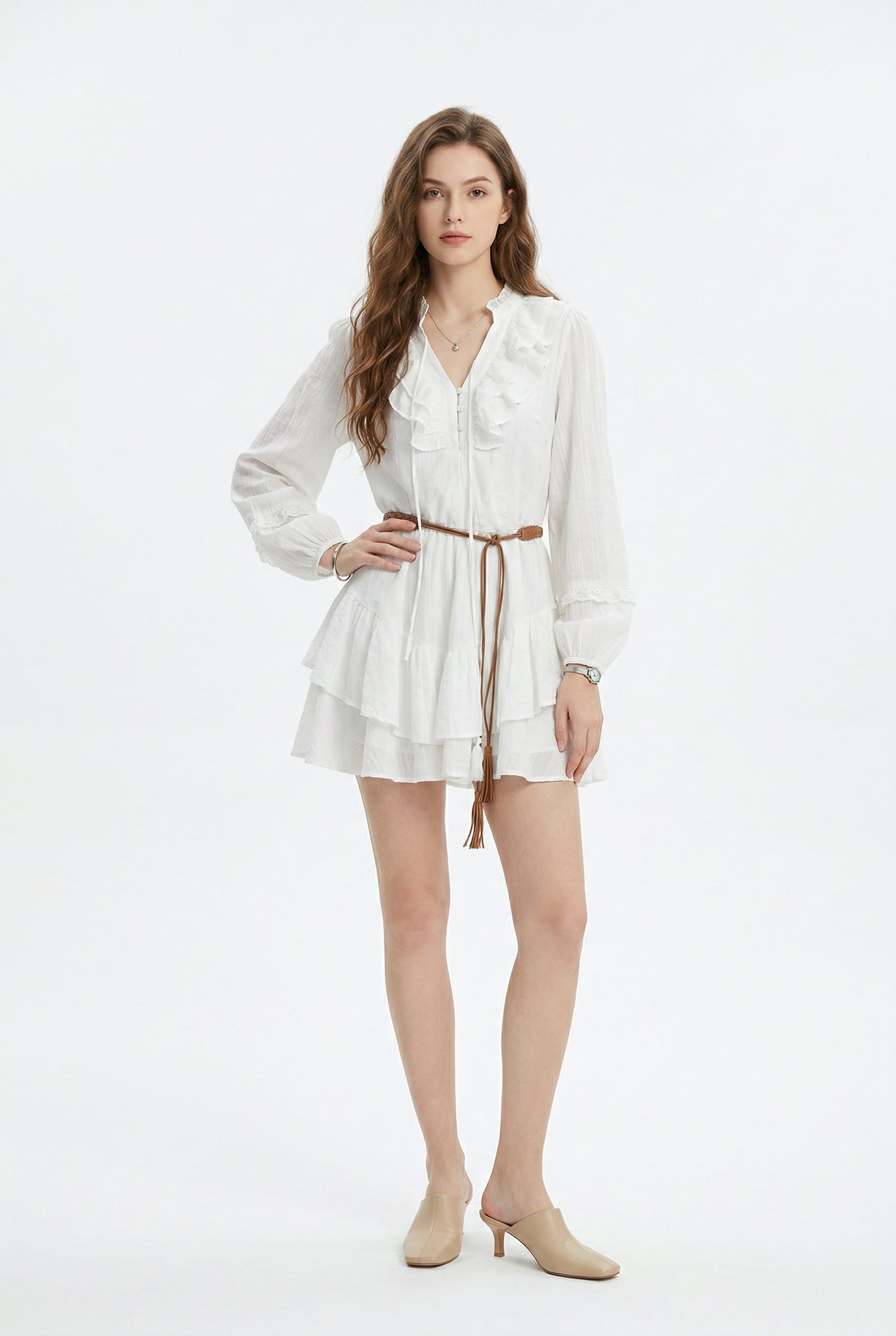 White Embroidered Ruffle Mini Dress
