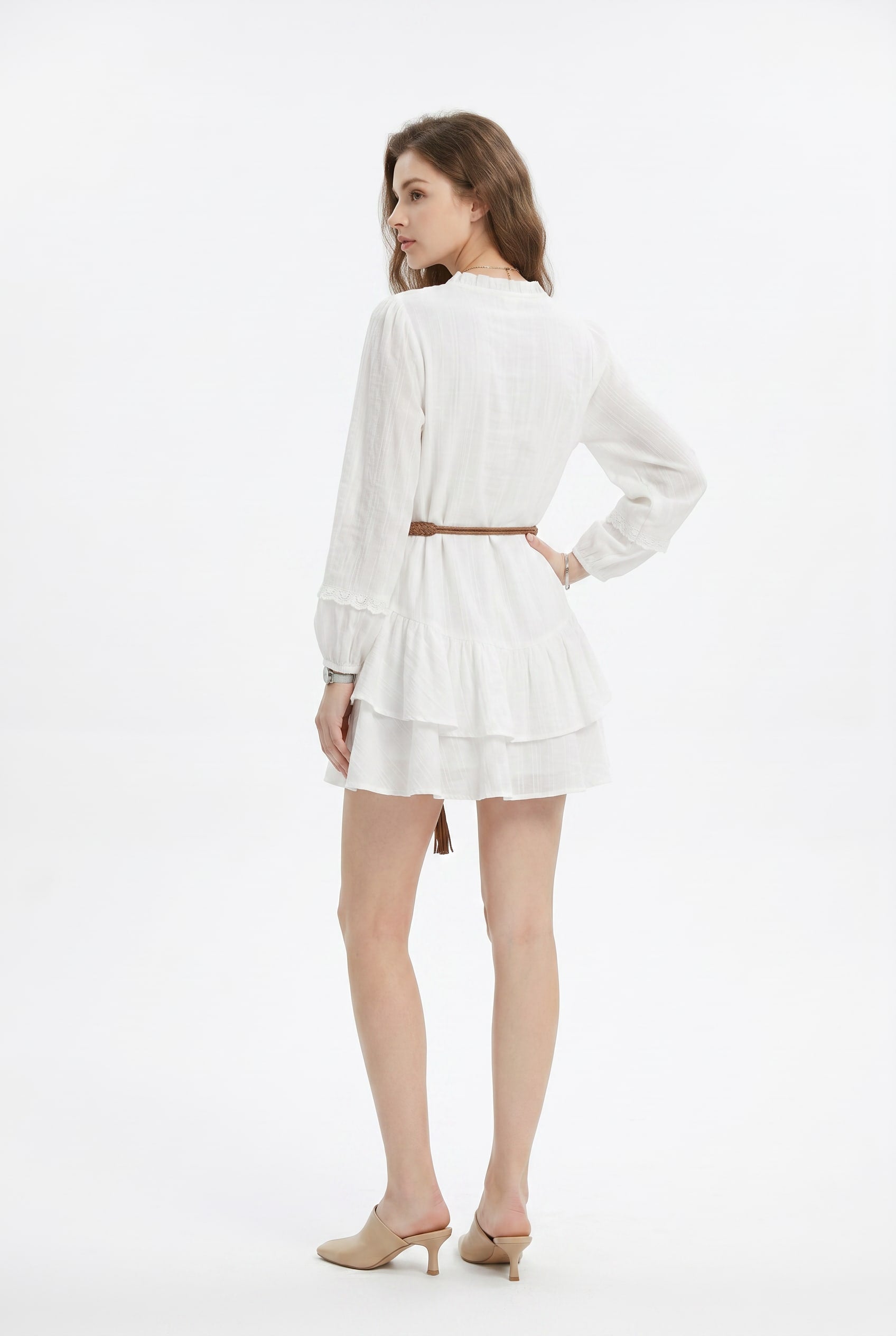White Embroidered Ruffle Mini Dress