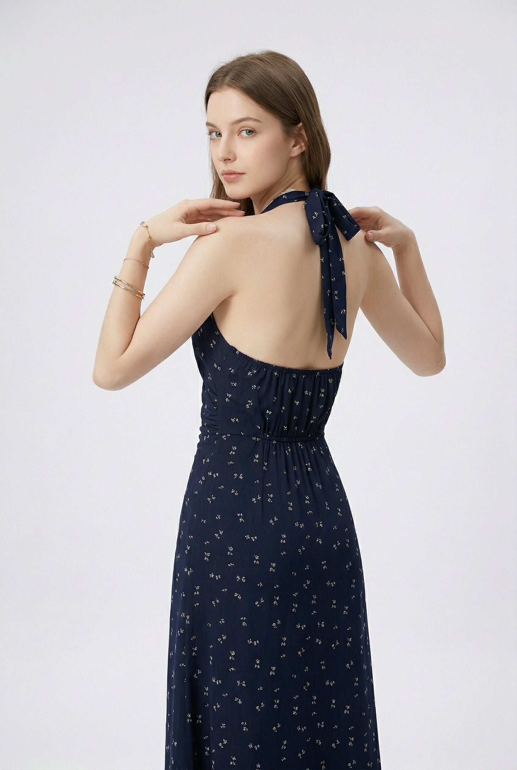 Navy Floral Halter Maxi Dress