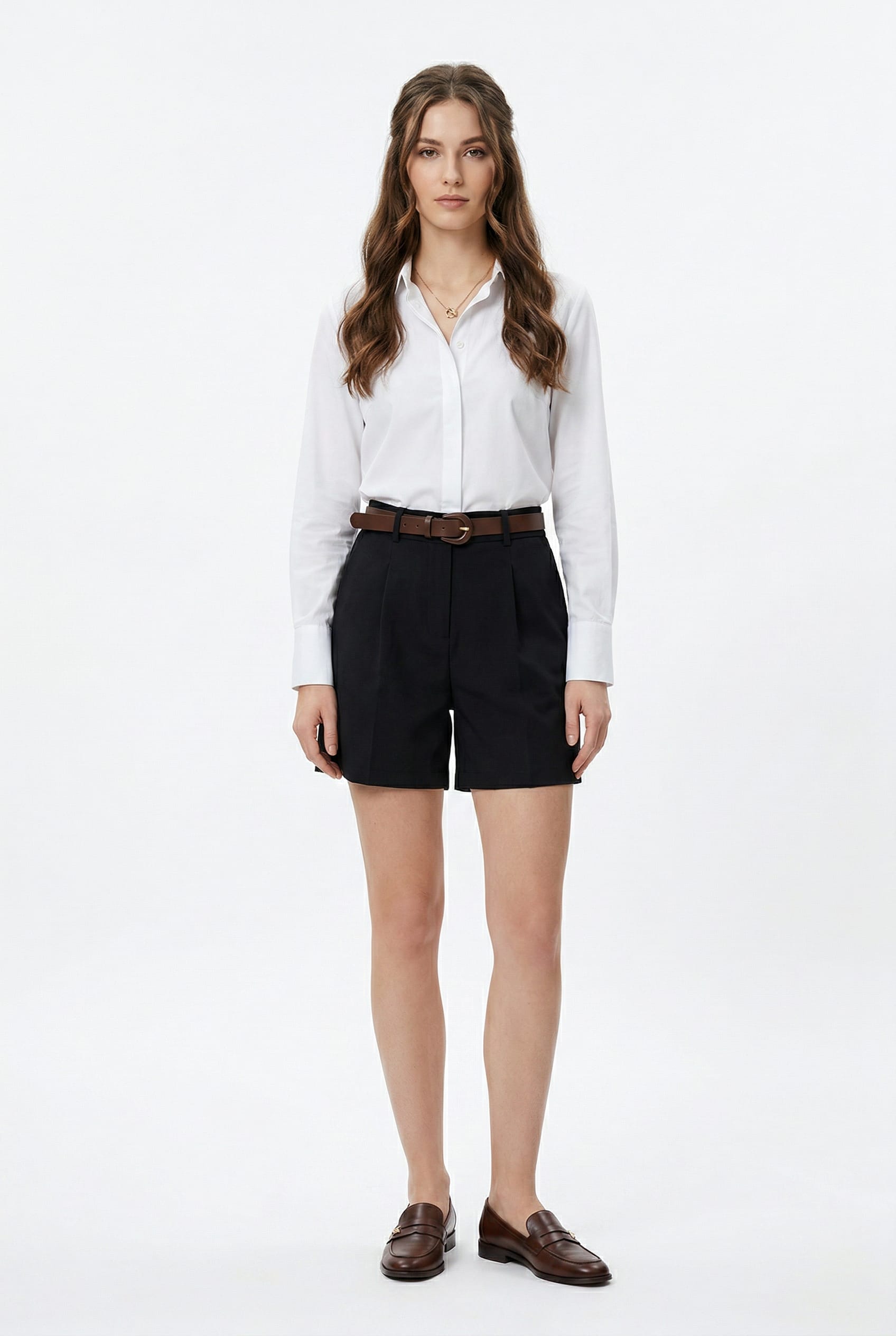 Black Pleated Tailored Shorts with Belt