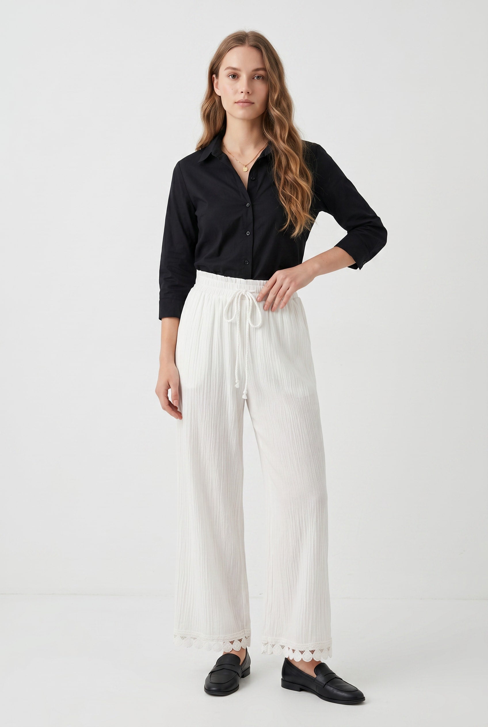 White Ribbed Wide-Leg Drawstring Trousers