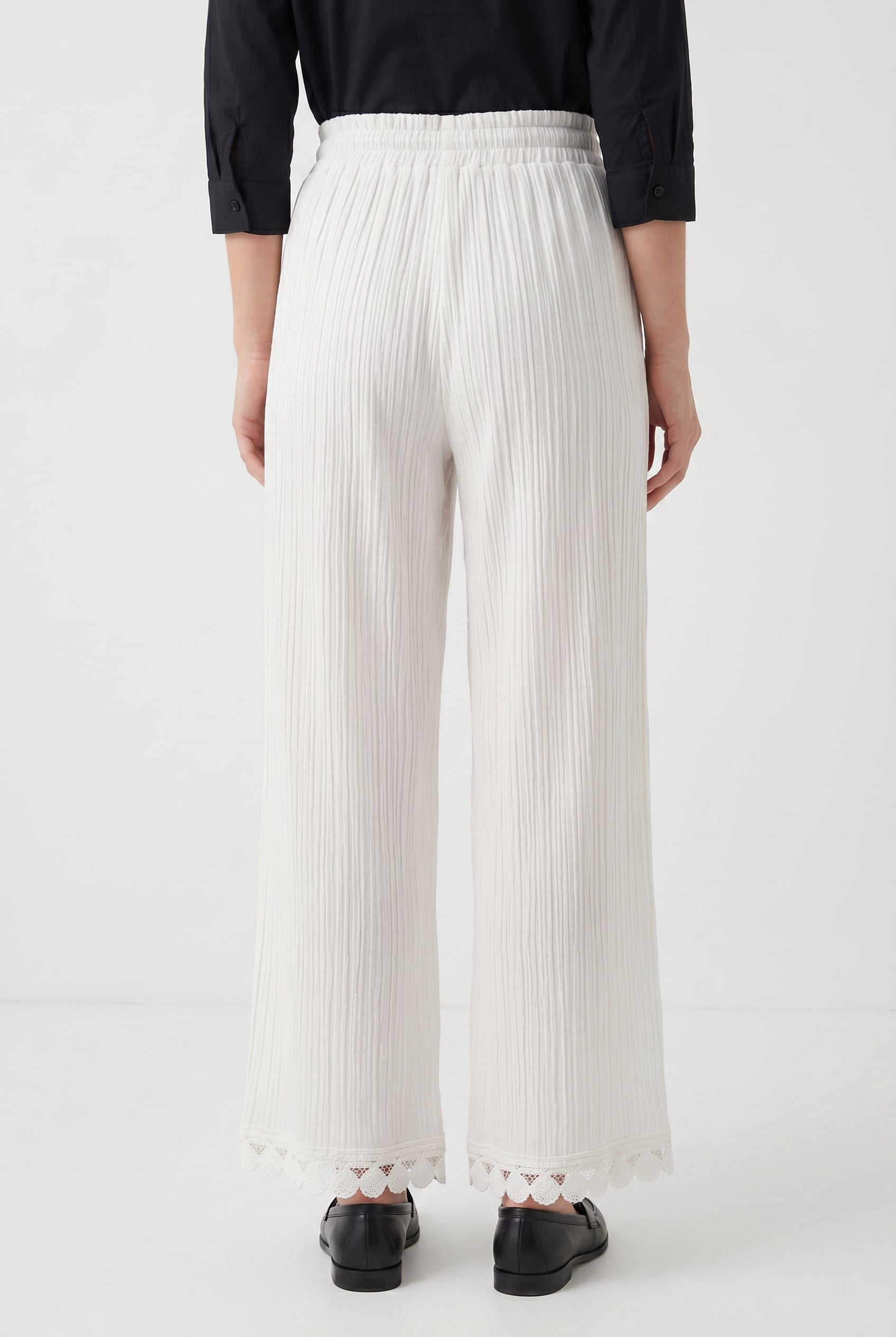 White Ribbed Wide-Leg Drawstring Trousers