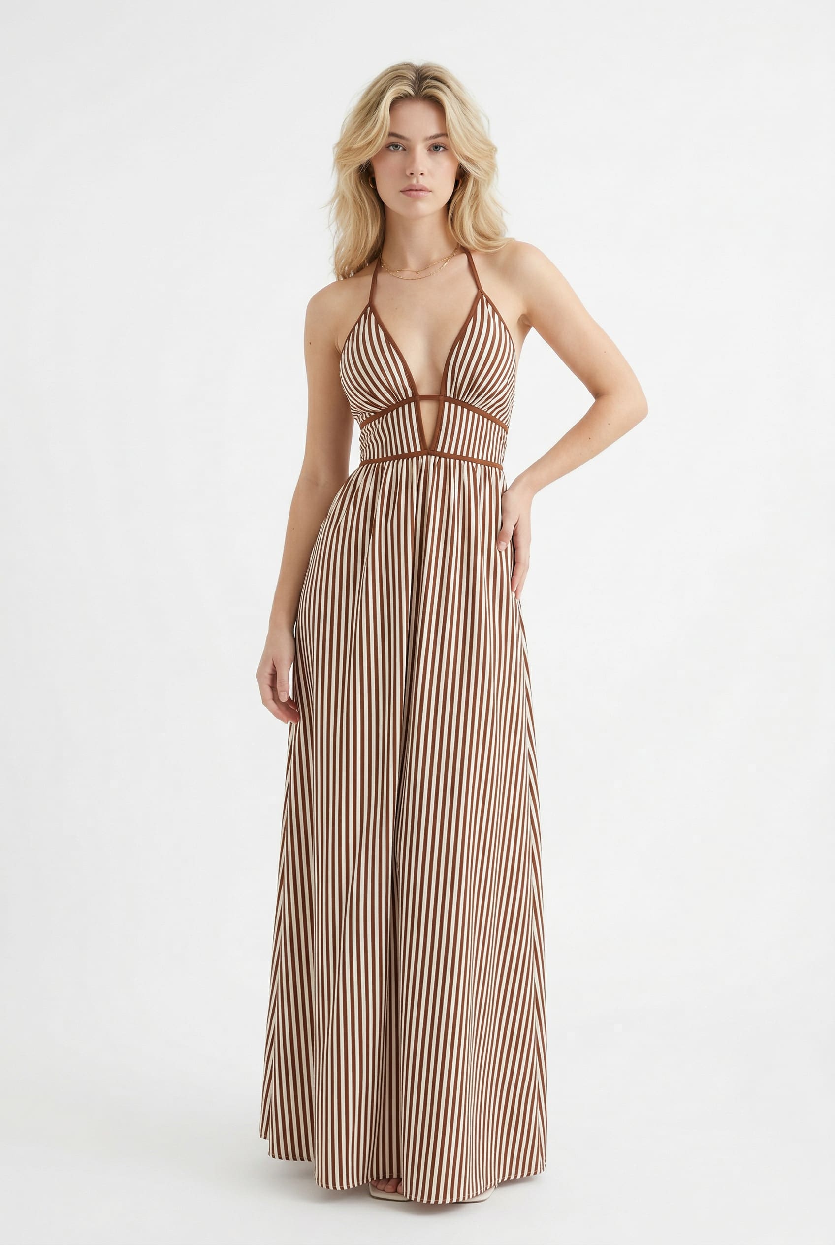 Brown Striped Plunge Maxi Dress