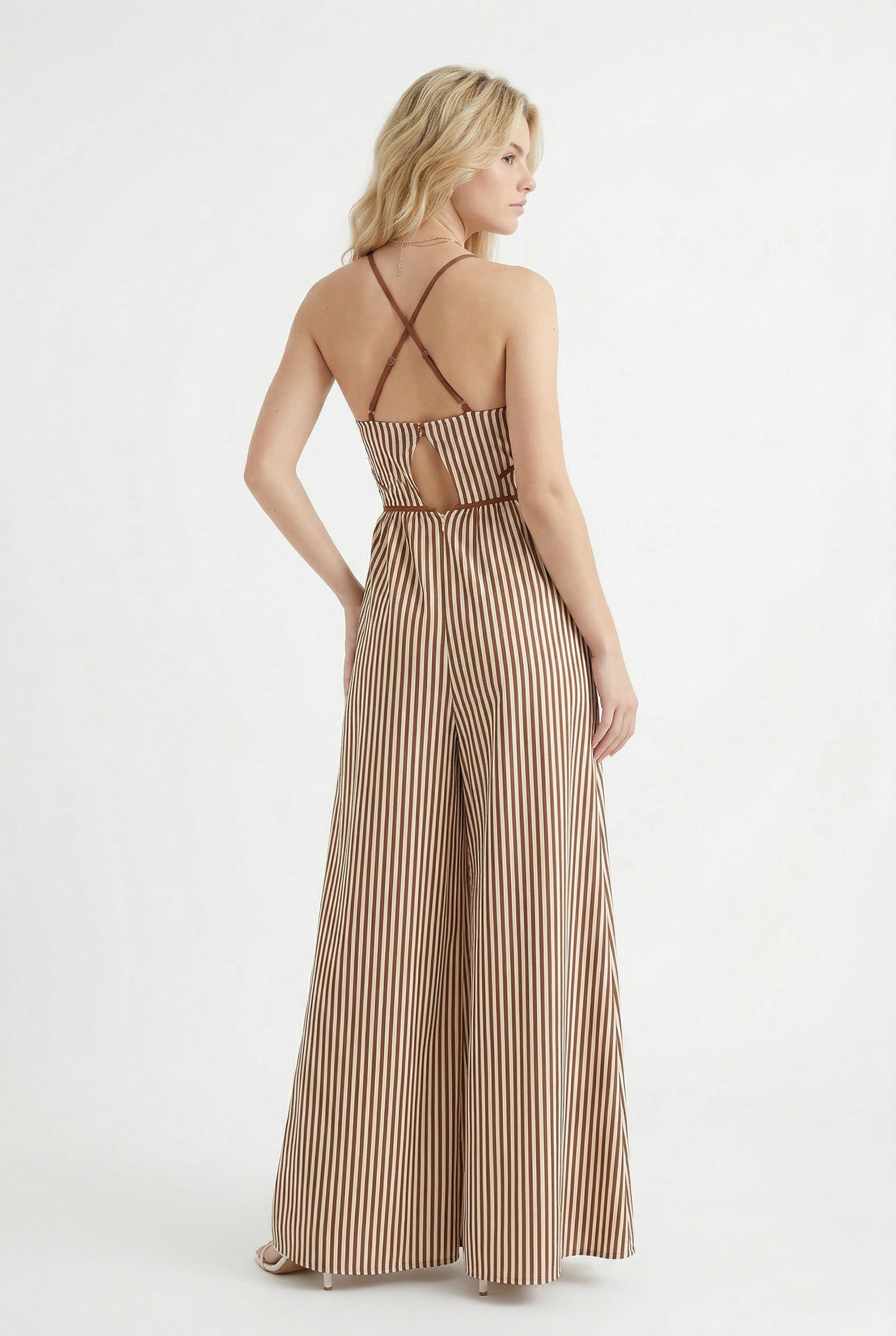 Brown Striped Plunge Maxi Dress