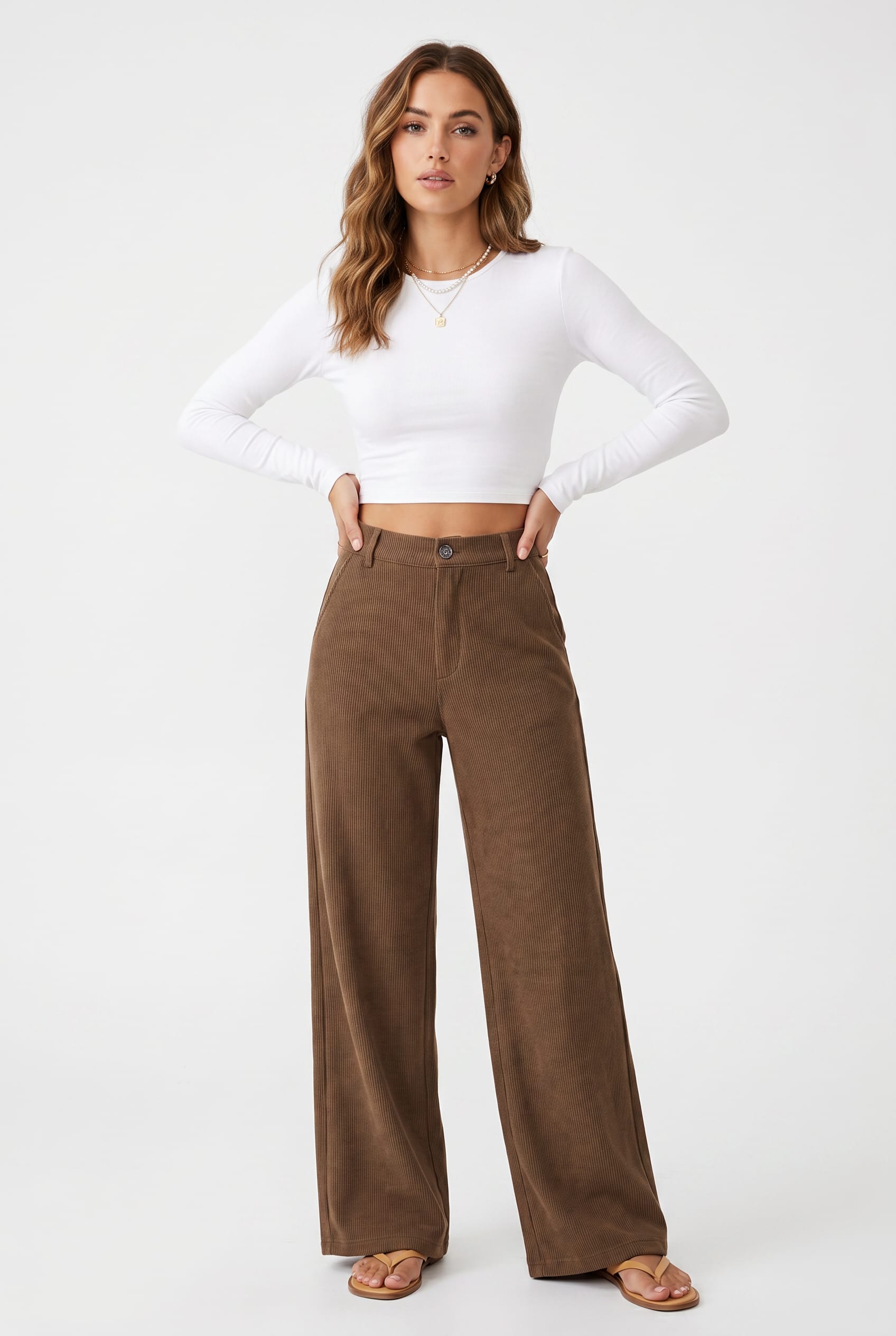 Brown Ribbed Wide Leg Trousers