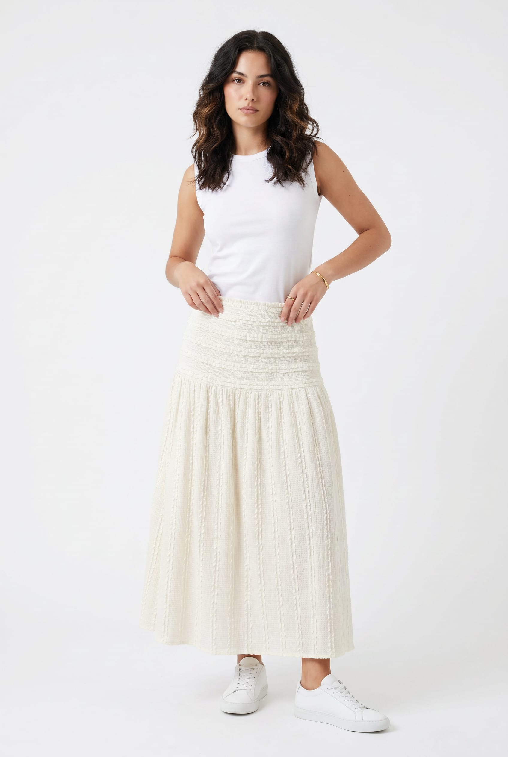 Cream Textured Smocked Maxi Skirt