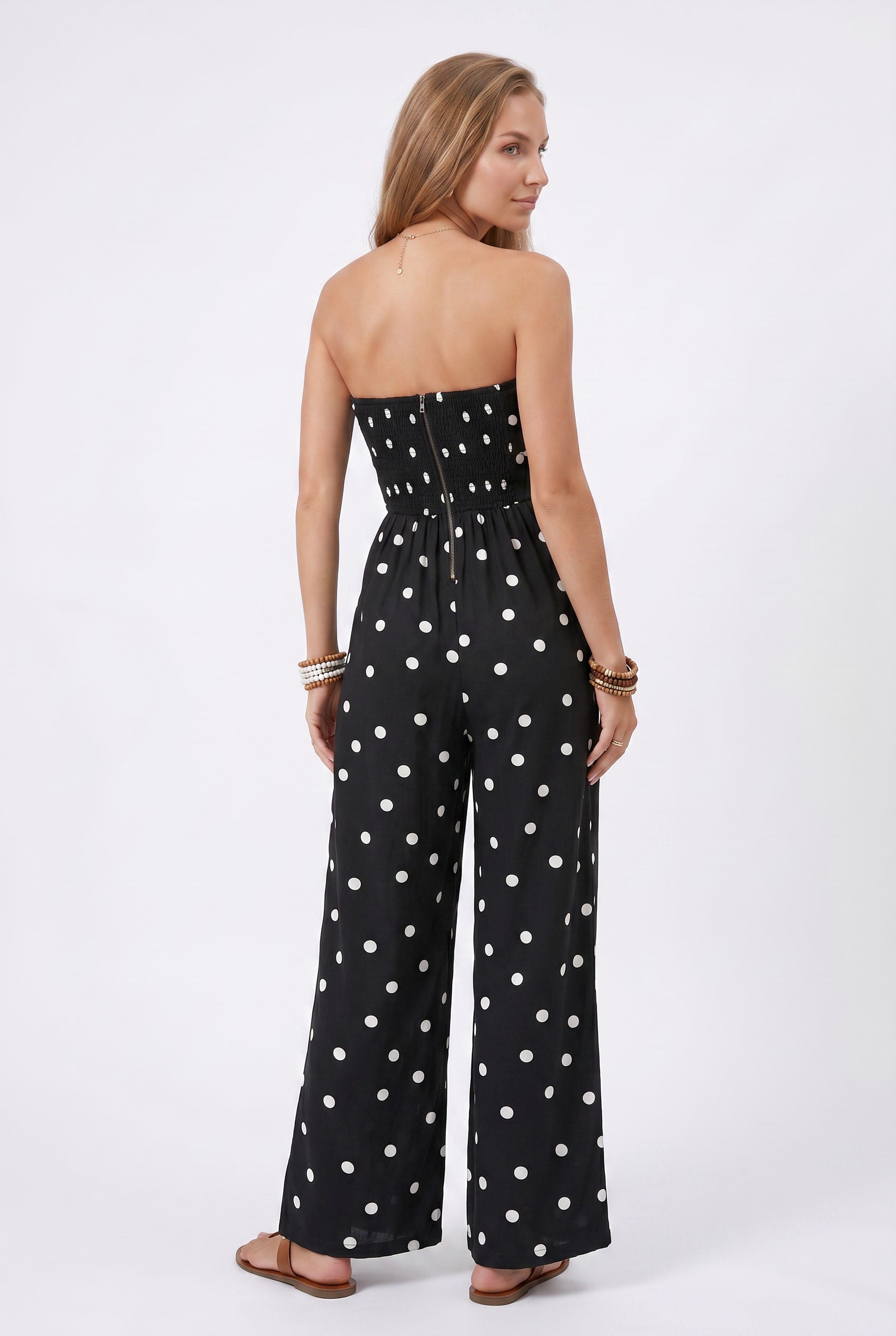 Black Polka Dot Strapless Wide Leg Jumpsuit