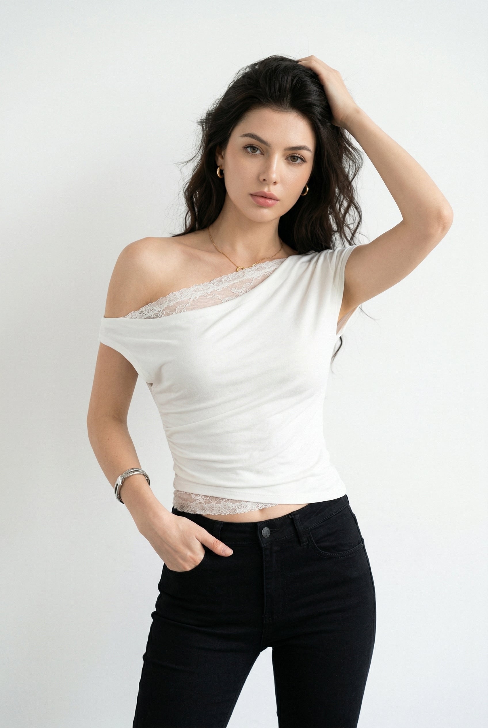 Ivory Asymmetric Off-Shoulder Lace Trim Top