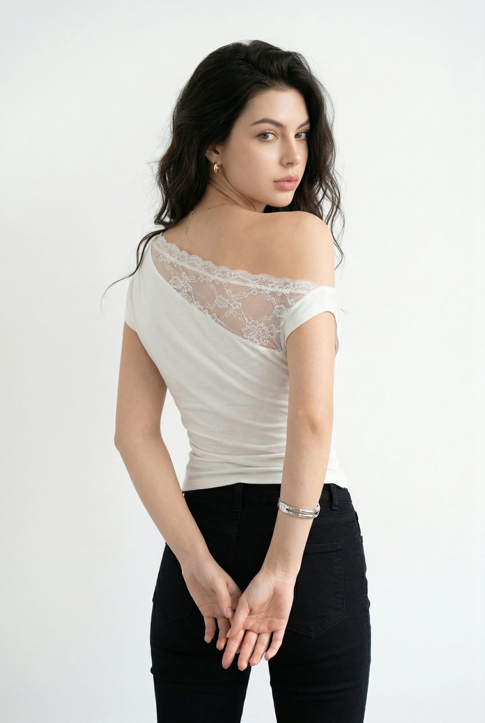Ivory Asymmetric Off-Shoulder Lace Trim Top