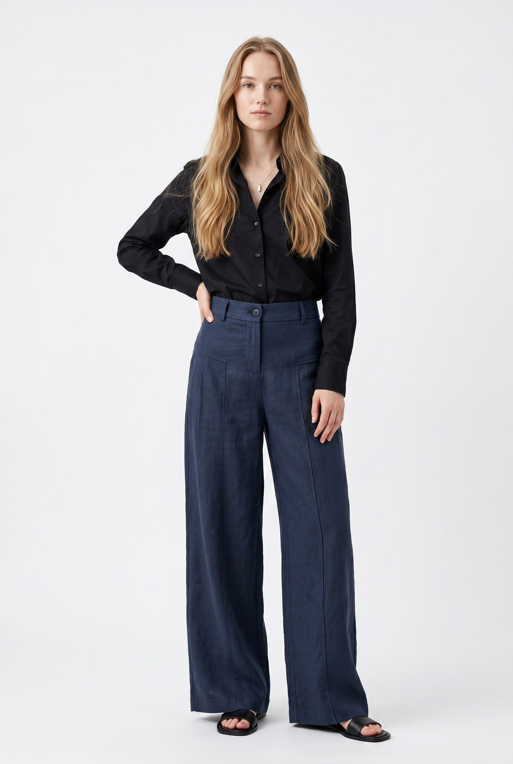 Navy Wide-Leg Linen-Blend Trousers