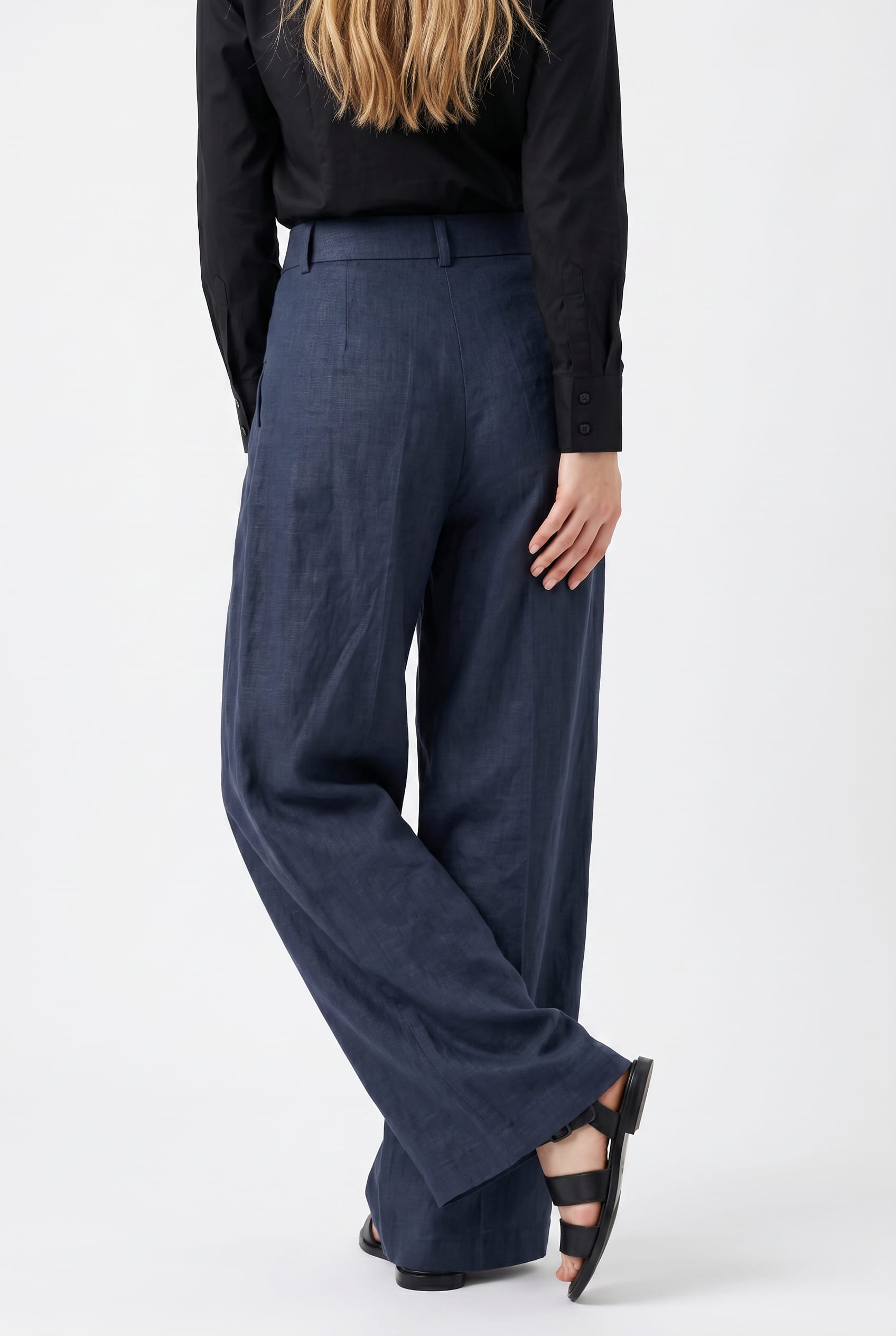 Navy Wide-Leg Linen-Blend Trousers