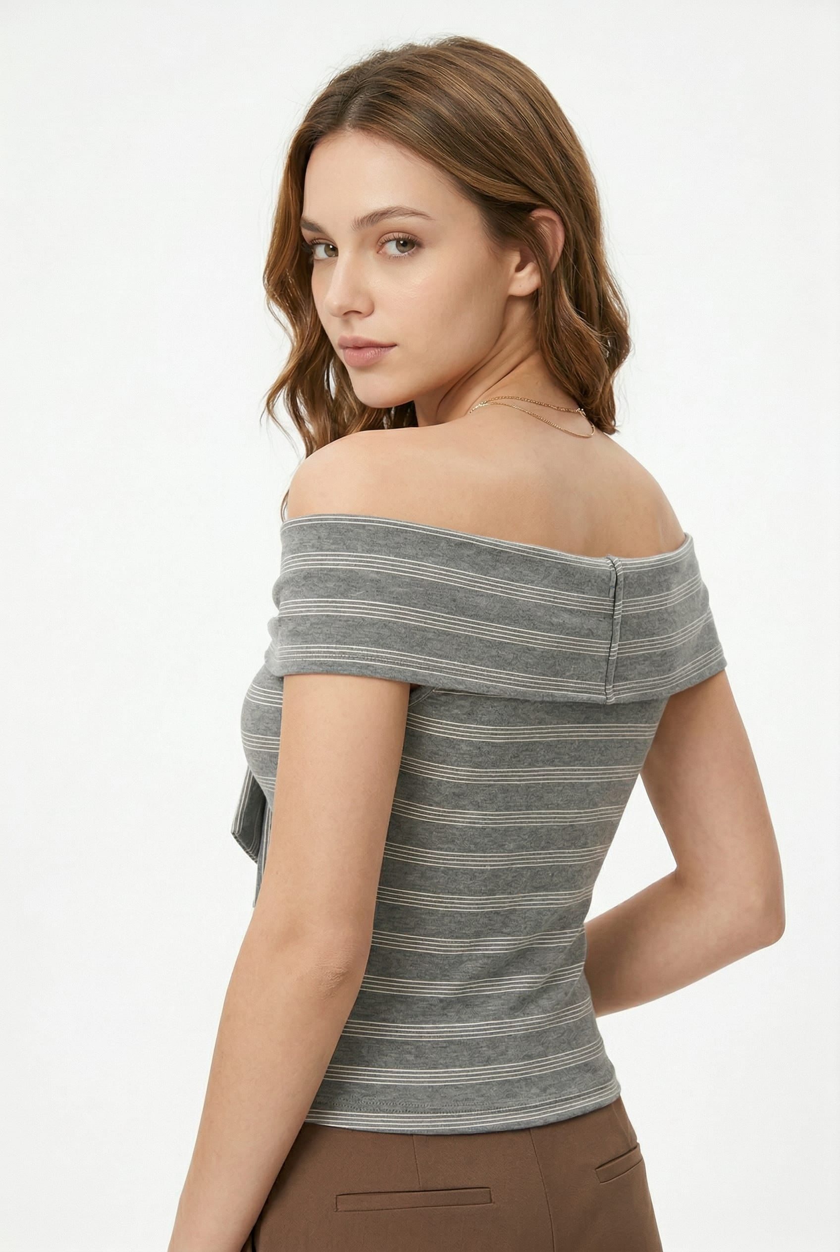 Grey Striped Off-Shoulder Tie Front Top