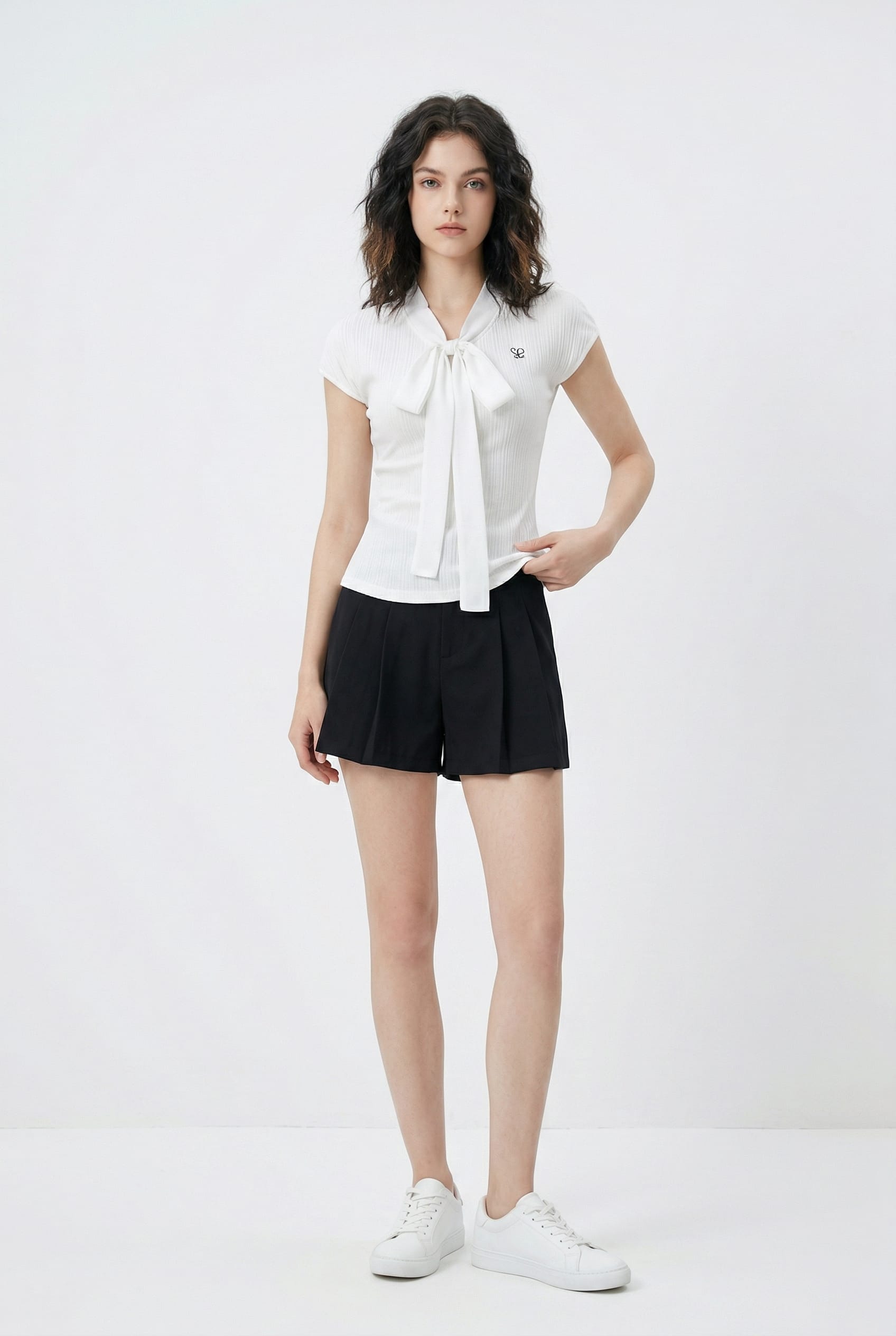 White Ribbed Tie-Neck Knit Top