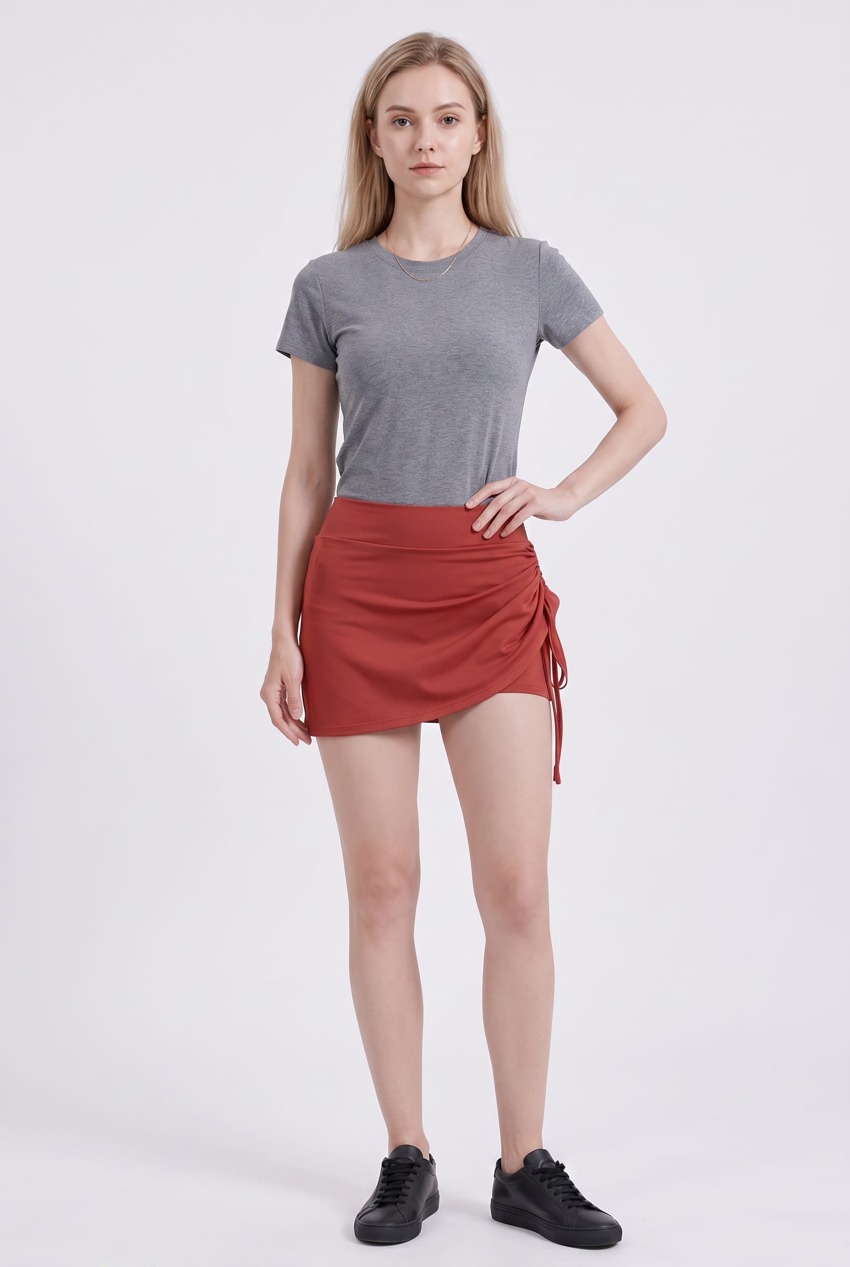Rust Red Ruched Side-Tie Skort