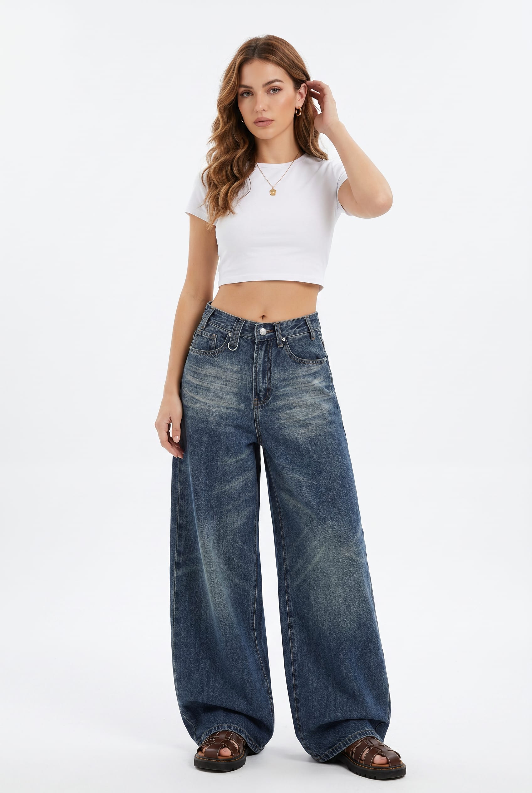 Mid-Blue Wide Leg Denim Trousers