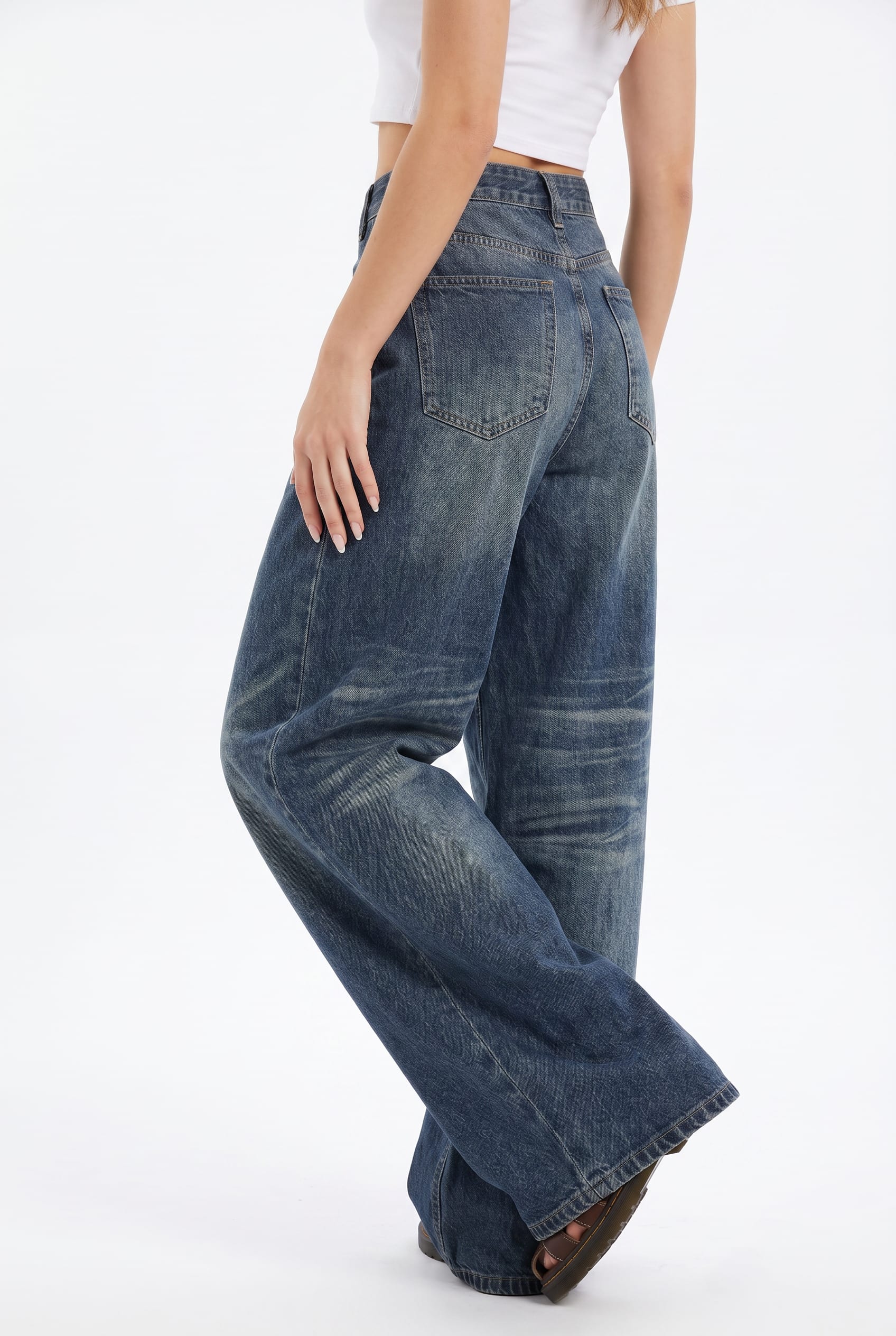 Mid-Blue Wide Leg Denim Trousers