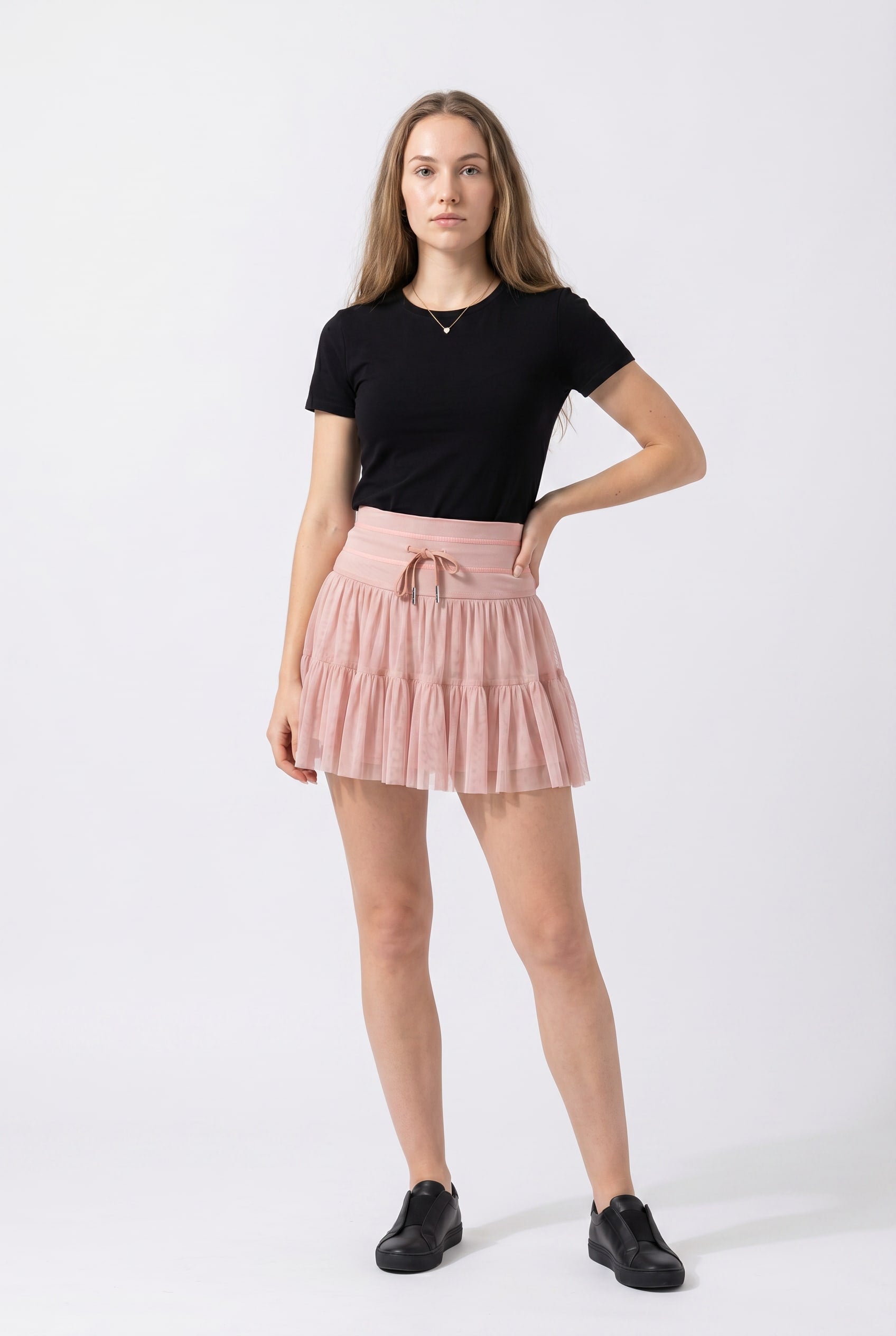Blush Pink Tiered Mesh Mini Skirt