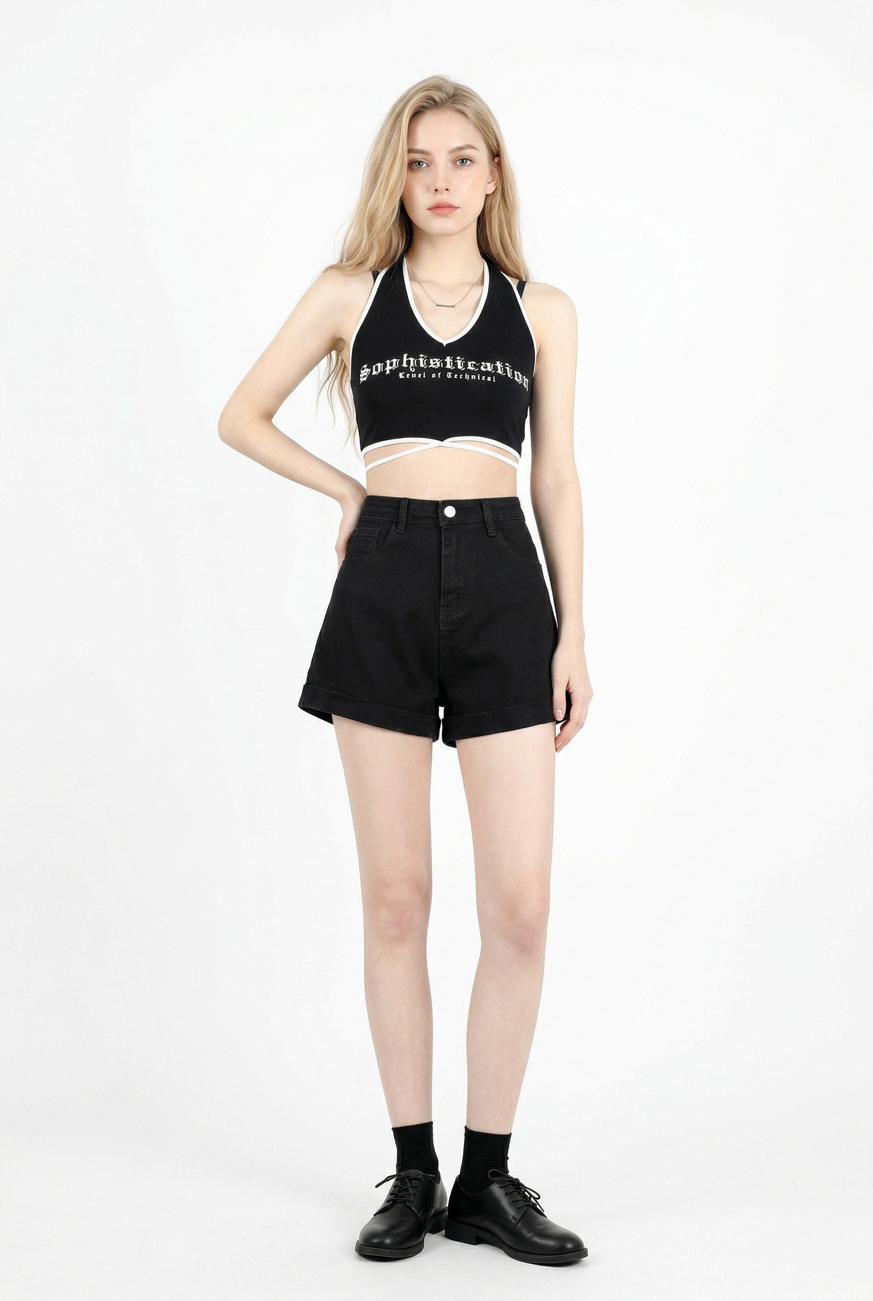 Black Denim High-Waisted Rolled Shorts