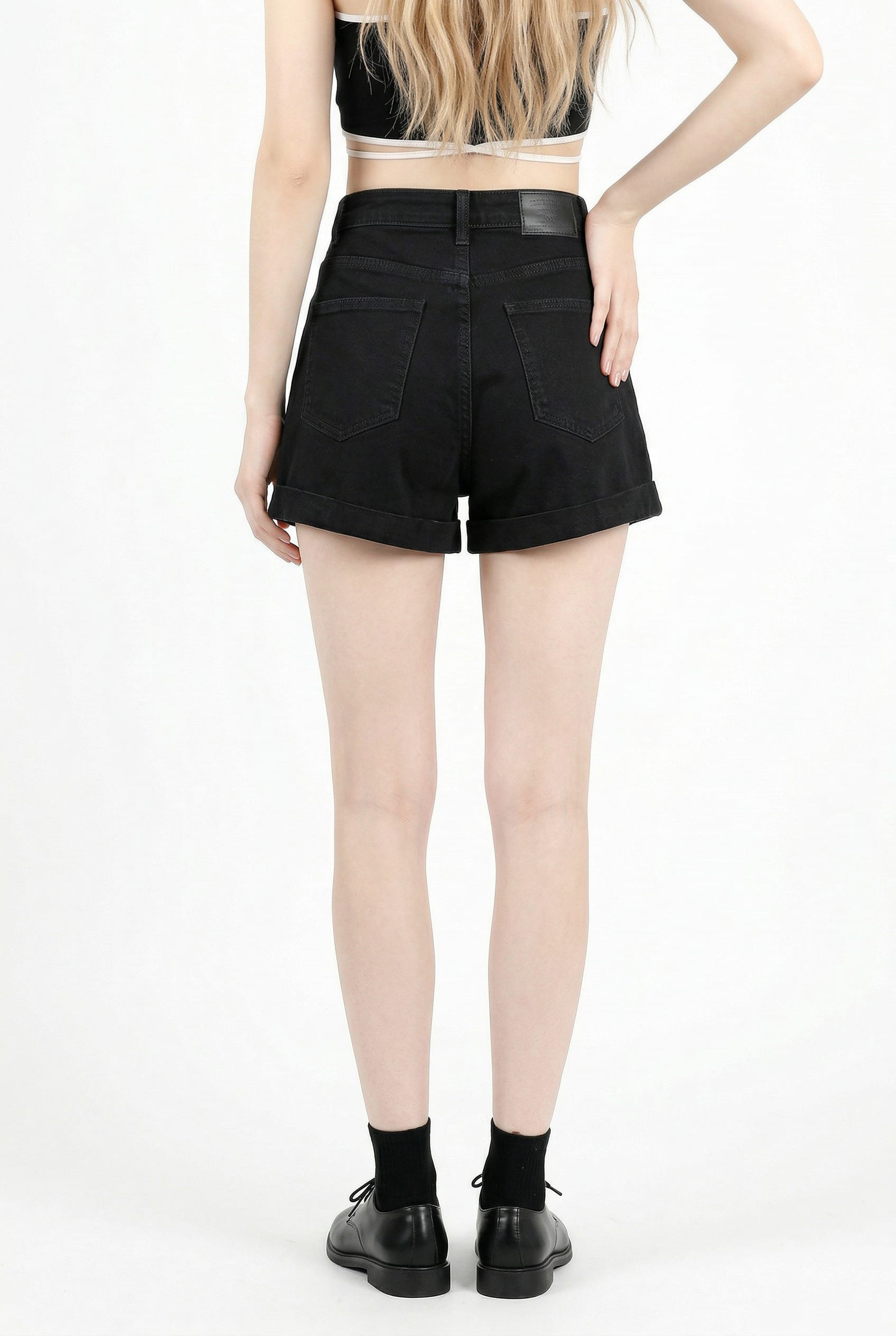Black Denim High-Waisted Rolled Shorts
