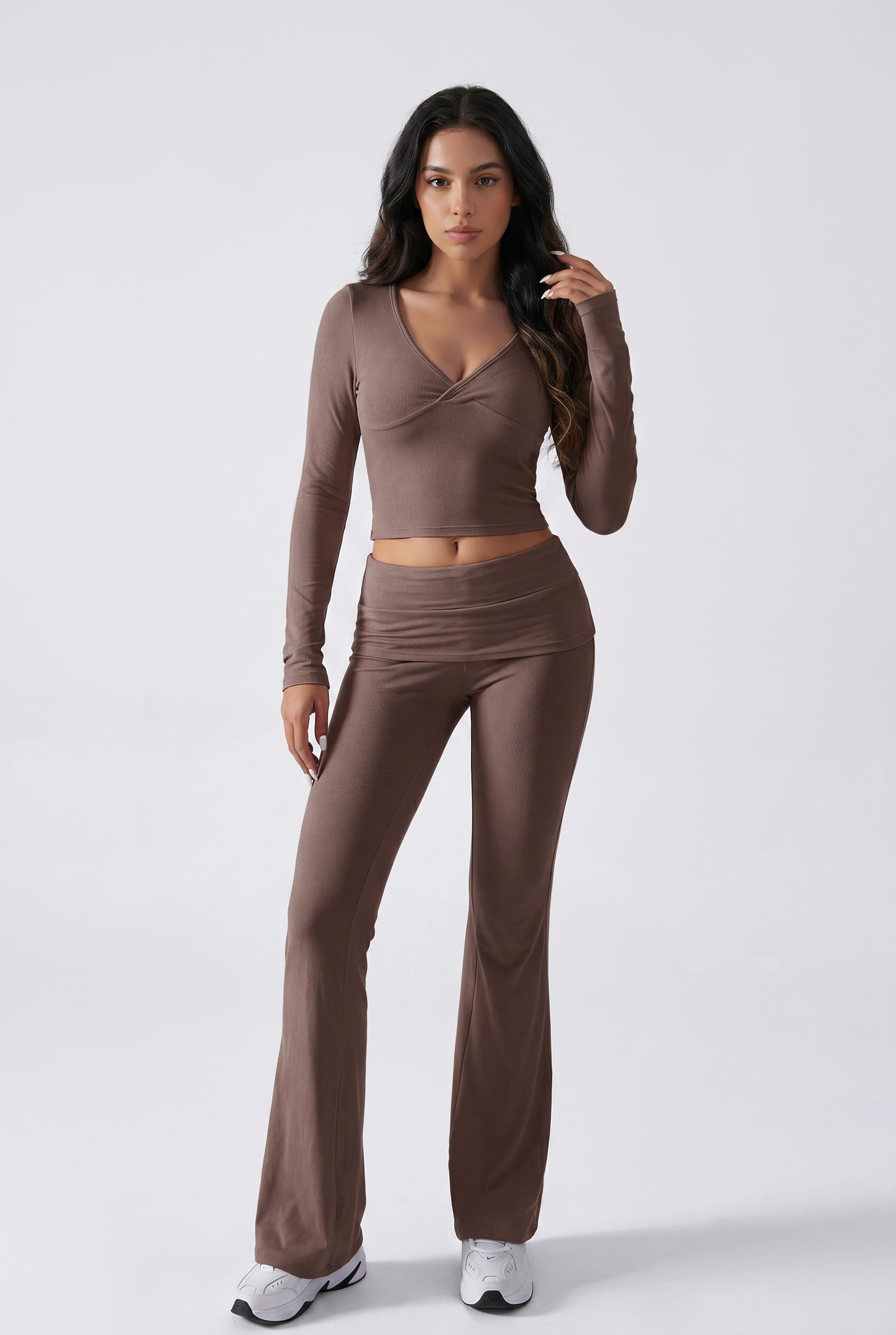 Cocoa Brown Cropped Top Flare Set