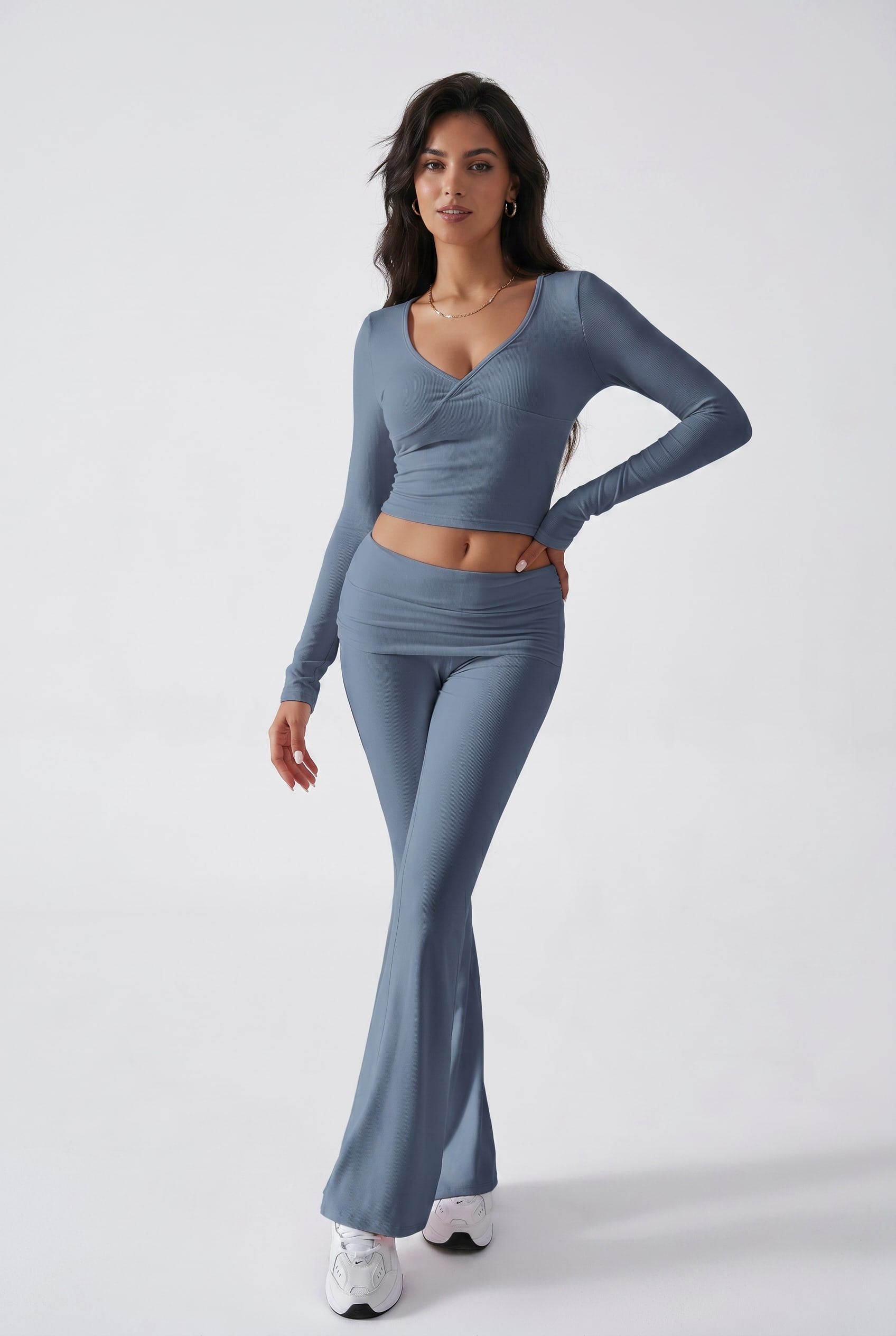 Dusty Blue Crop Top Flare Set