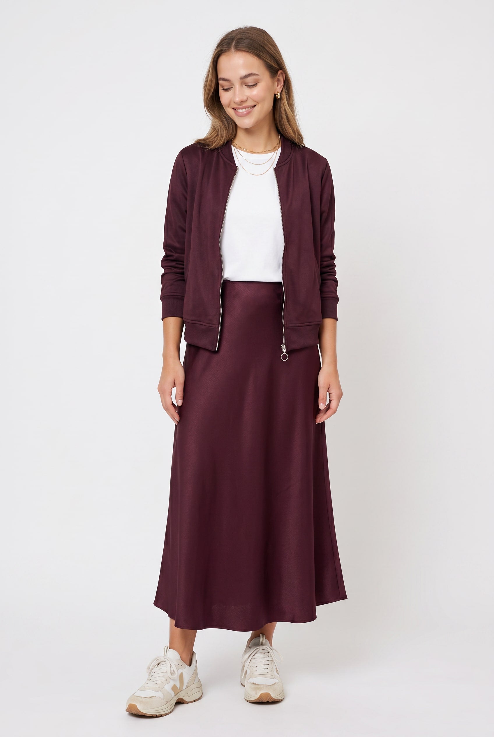Burgundy Satin Midi Slip Skirt