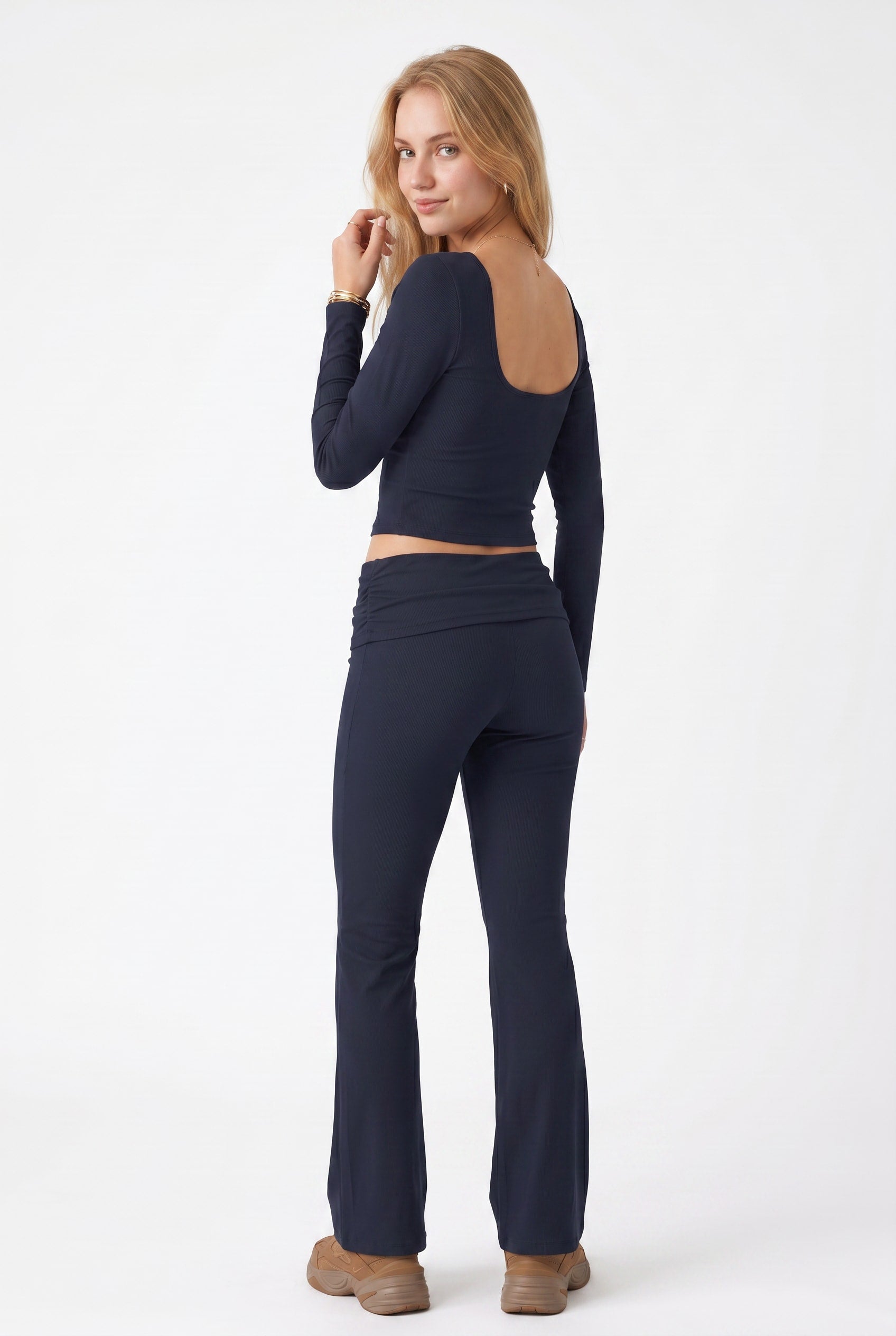 Navy Fold-Over Flare Activewear Pants