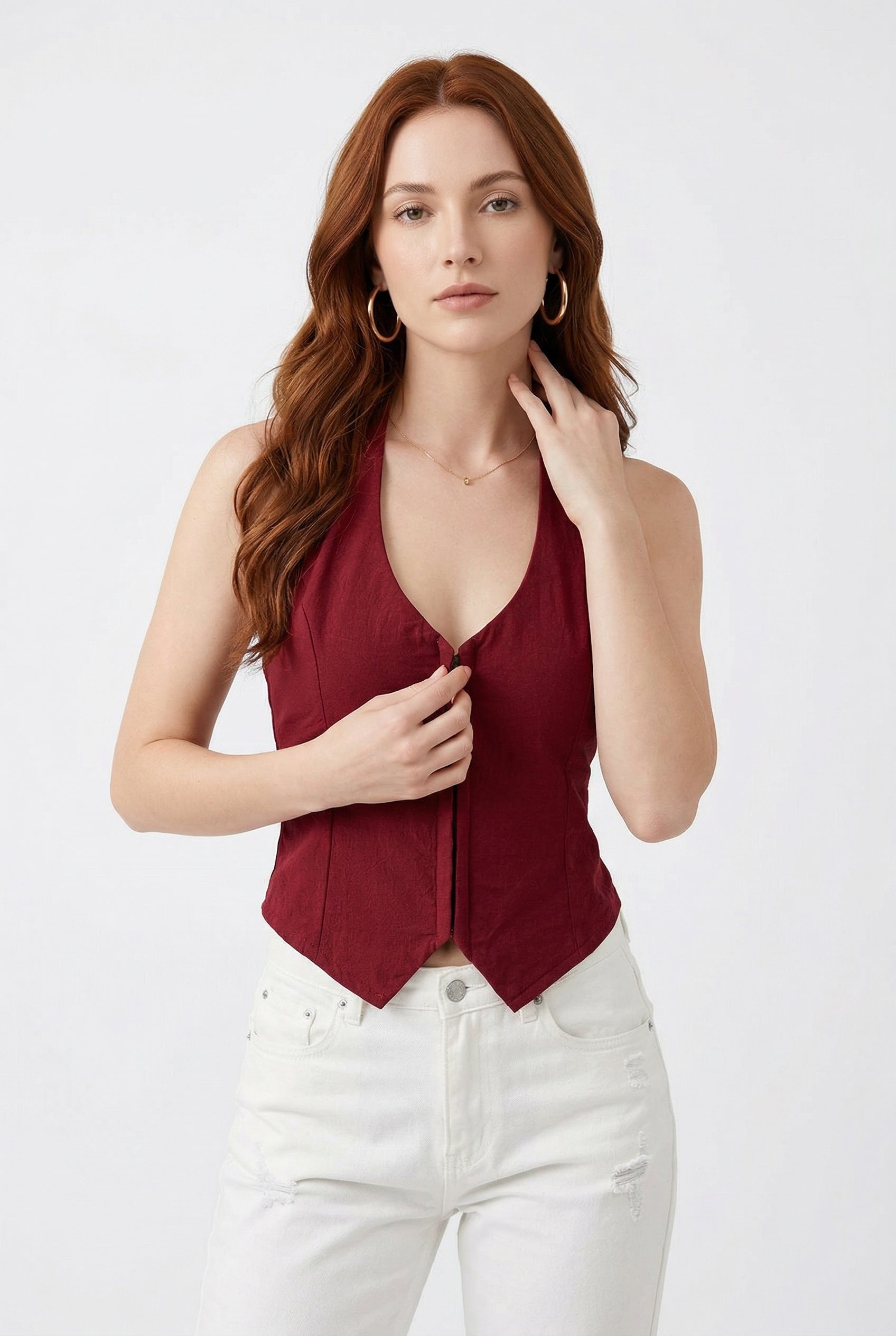 Burgundy Halter Neck Fitted Vest