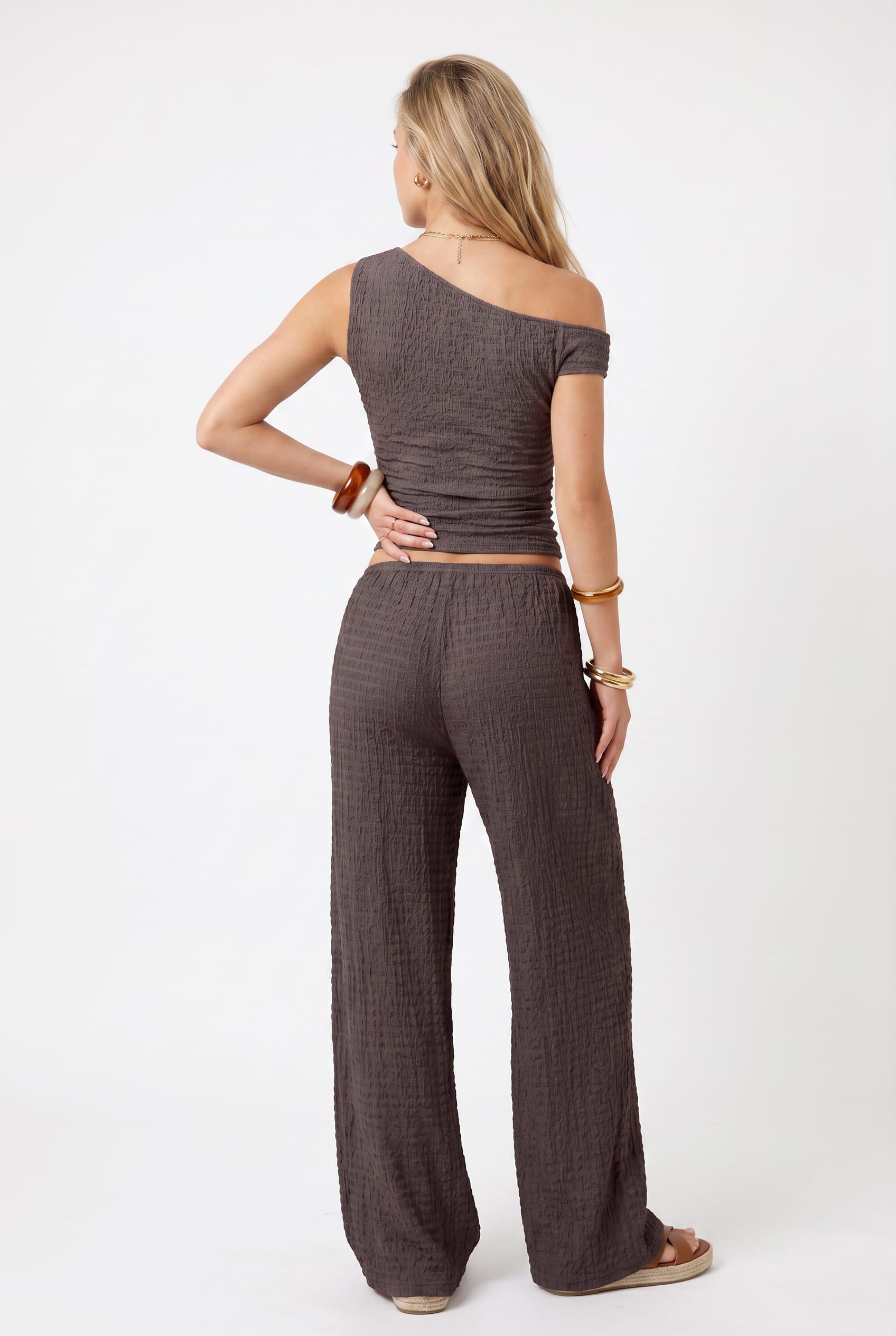 Charcoal Textured One-Shoulder Co-ord Set