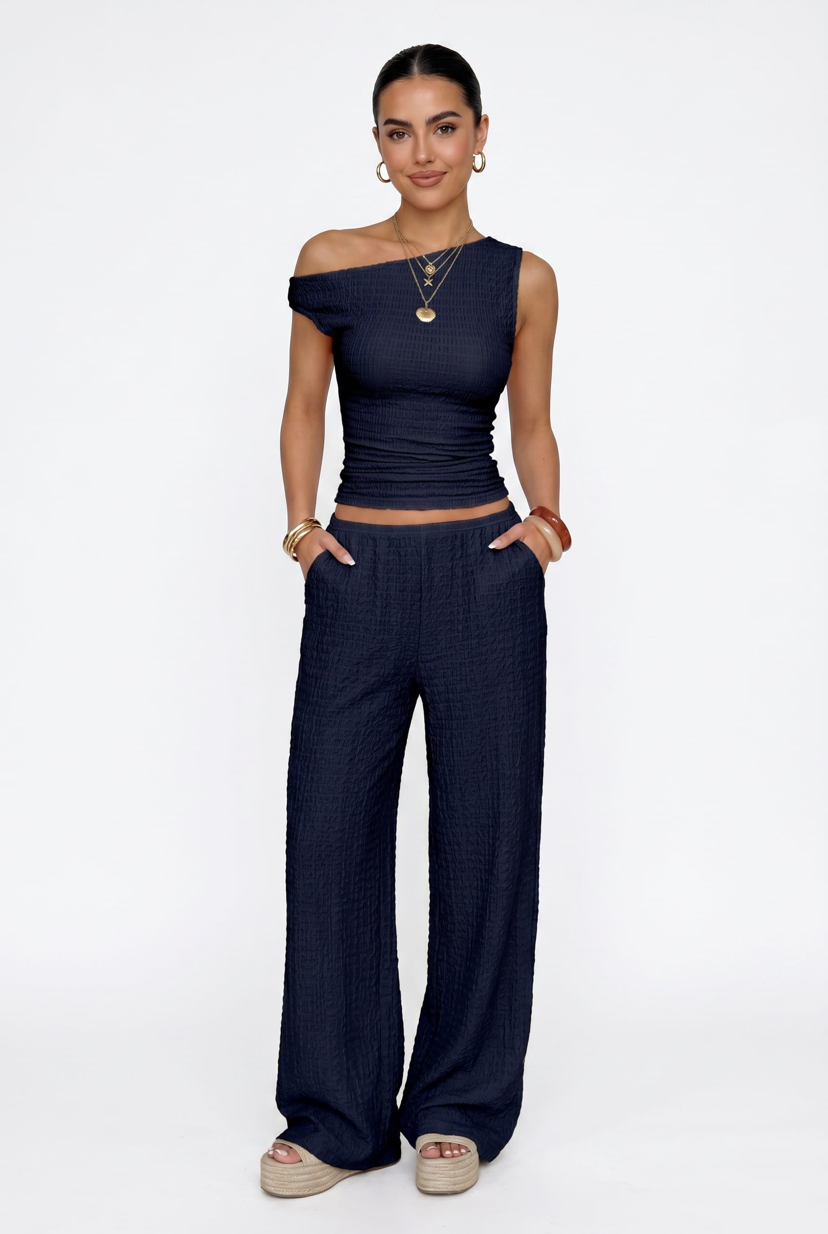 Navy Ribbed Asymmetric Top Wide Leg Co-ord