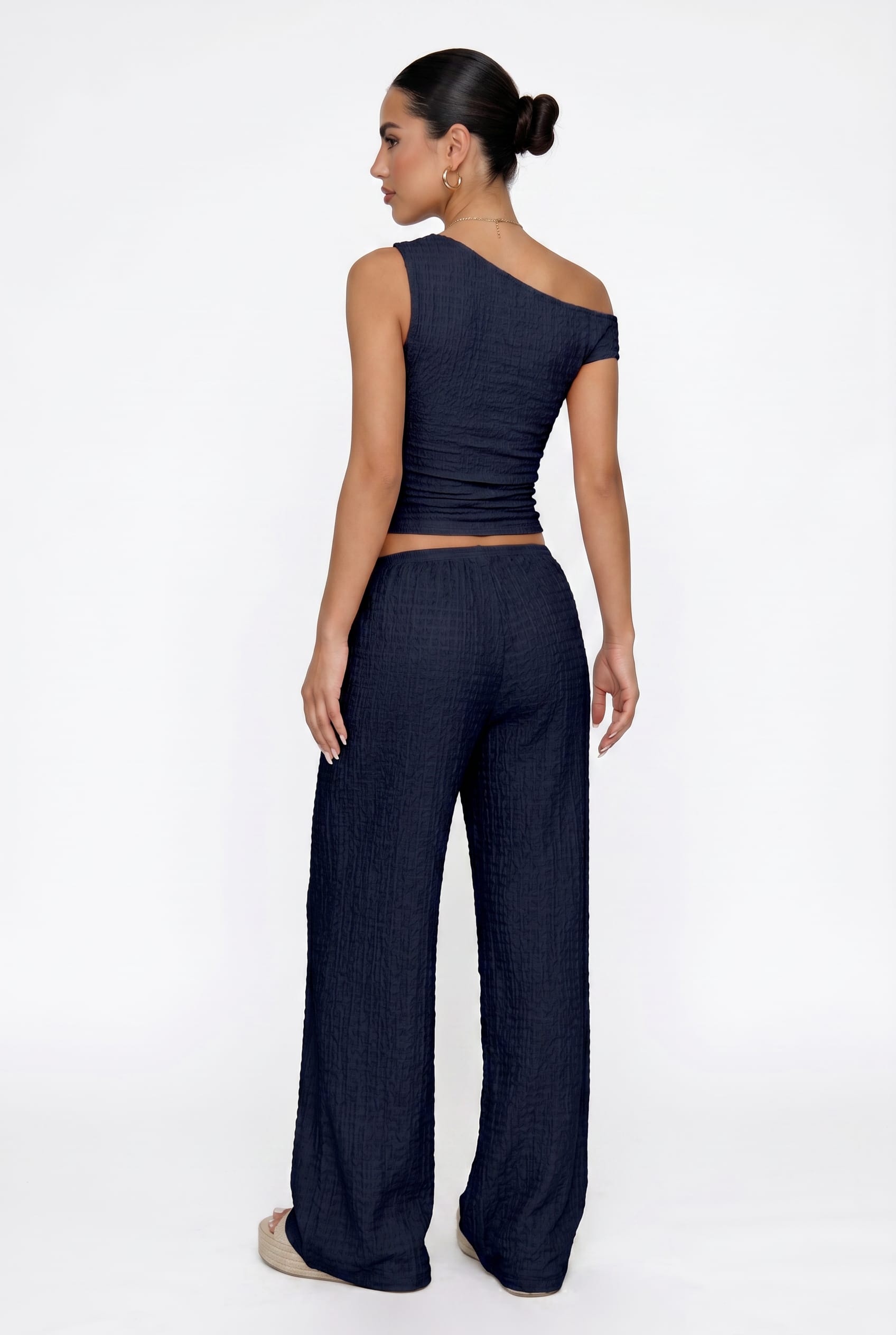 Navy Ribbed Asymmetric Top Wide Leg Co-ord